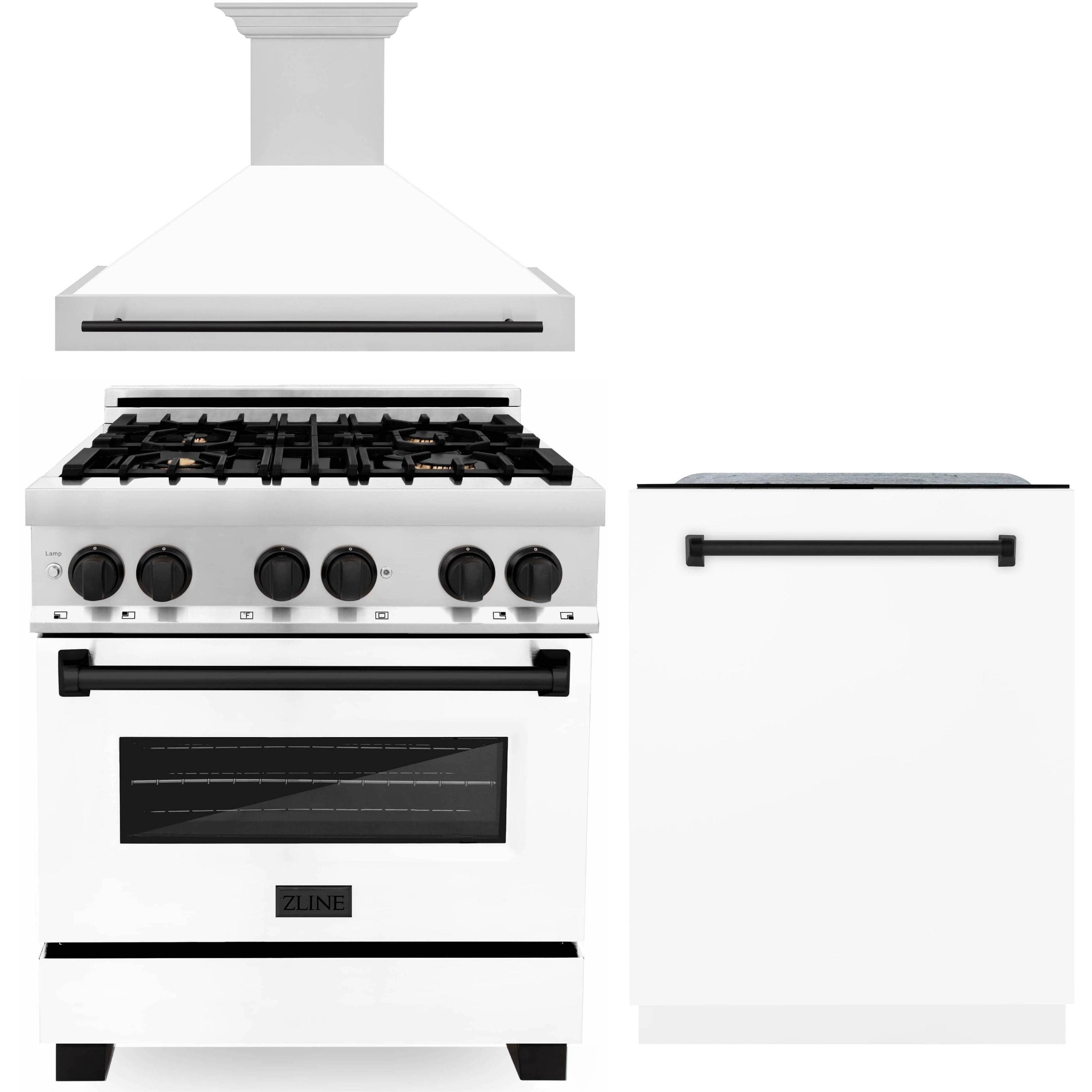 3-piece kitchen appliance set: white dual-fuel range, wall hood, and white dishwasher door