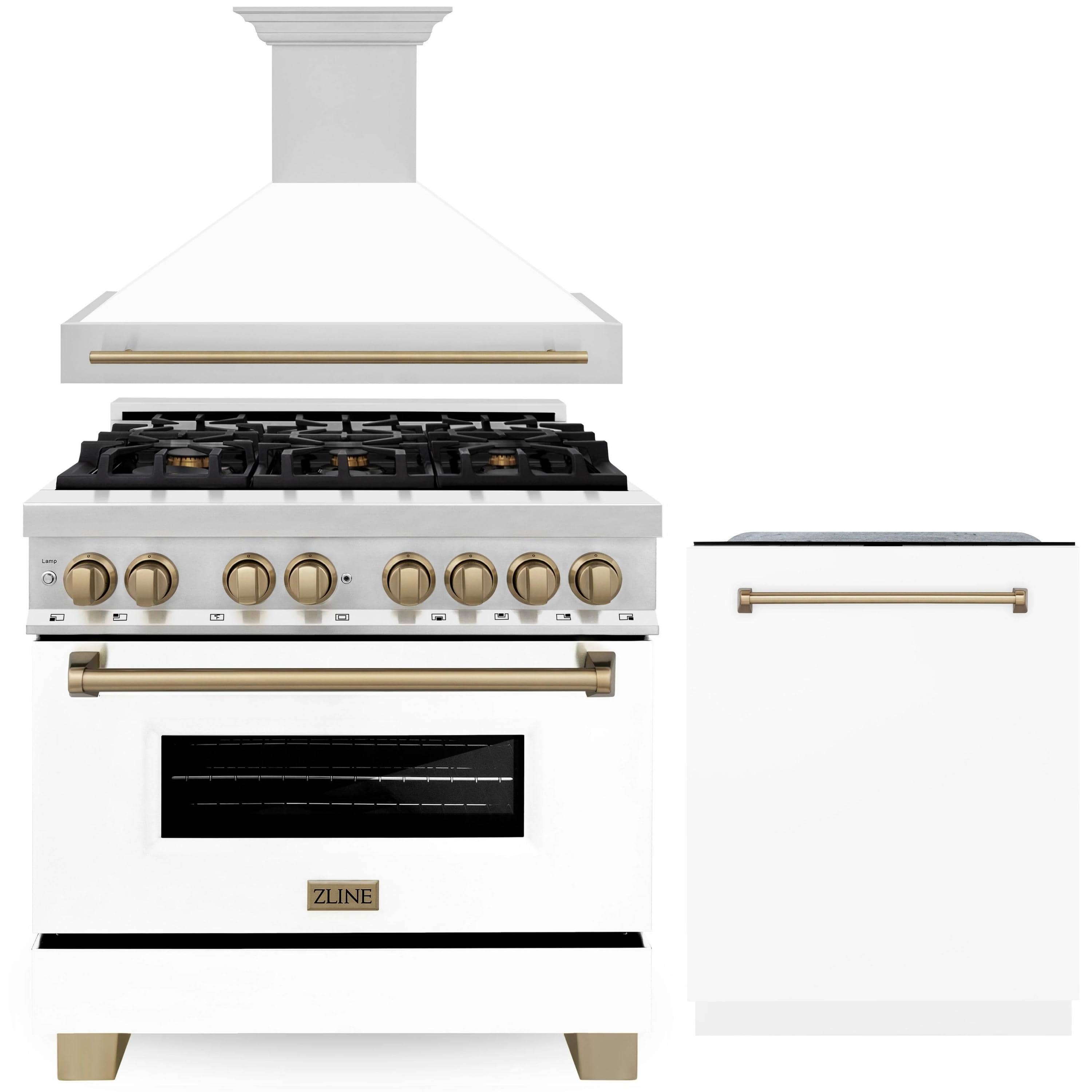 White dual fuel range with champagne bronze control knobs and dishwasher door panel