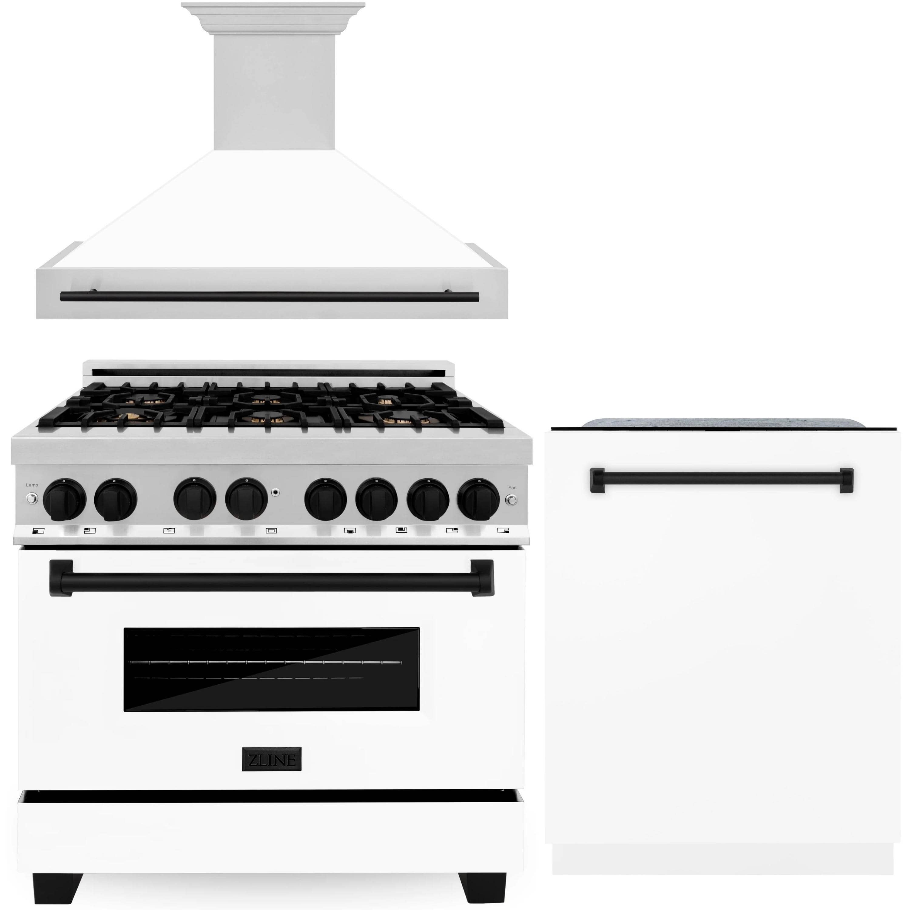ZLINE Autograph Edition 3-Piece Appliance Package - 36-Inch Dual Fuel Range, Wall Mounted Range Hood, & 24-Inch Tall Tub Dishwasher in Stainless Steel and White Door with Matte Black Trim (3AKP-RAWMRHDWM36-MB)