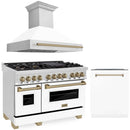 ZLINE Autograph Edition 3-Piece Appliance Package - 48-Inch Dual Fuel Range, Wall Mounted Range Hood, & 24-Inch Tall Tub Dishwasher in Stainless Steel and White Door with Champagne Bronze Trim (3AKP-RAWMRHDWM48-CB)
