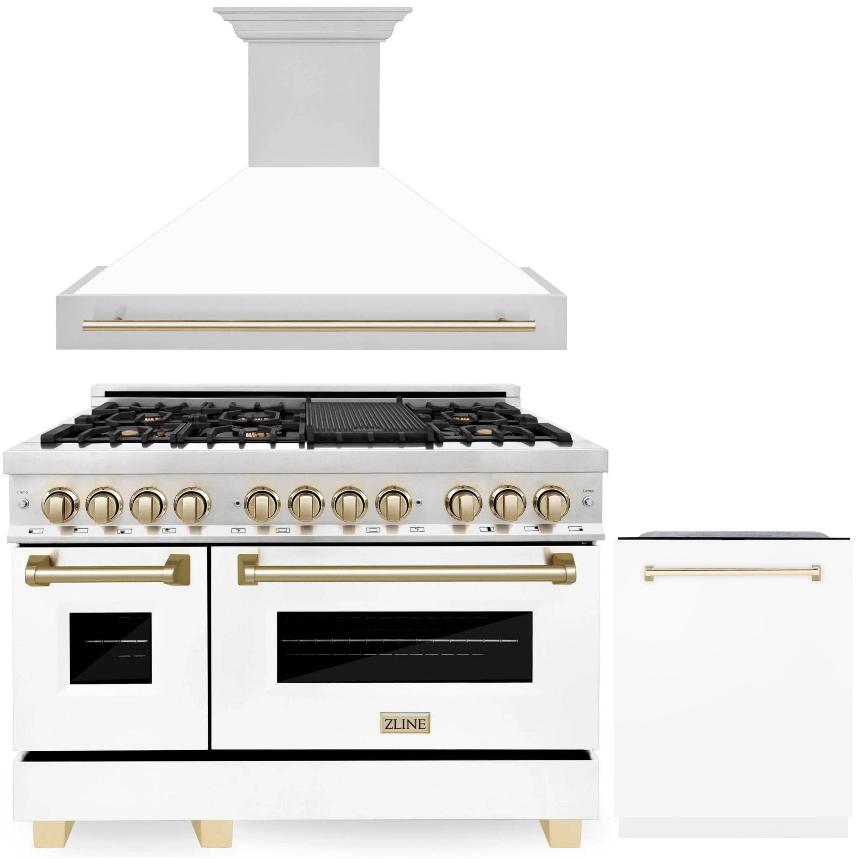 White dual fuel range with stainless burners and wall hood, plus dishwasher panel