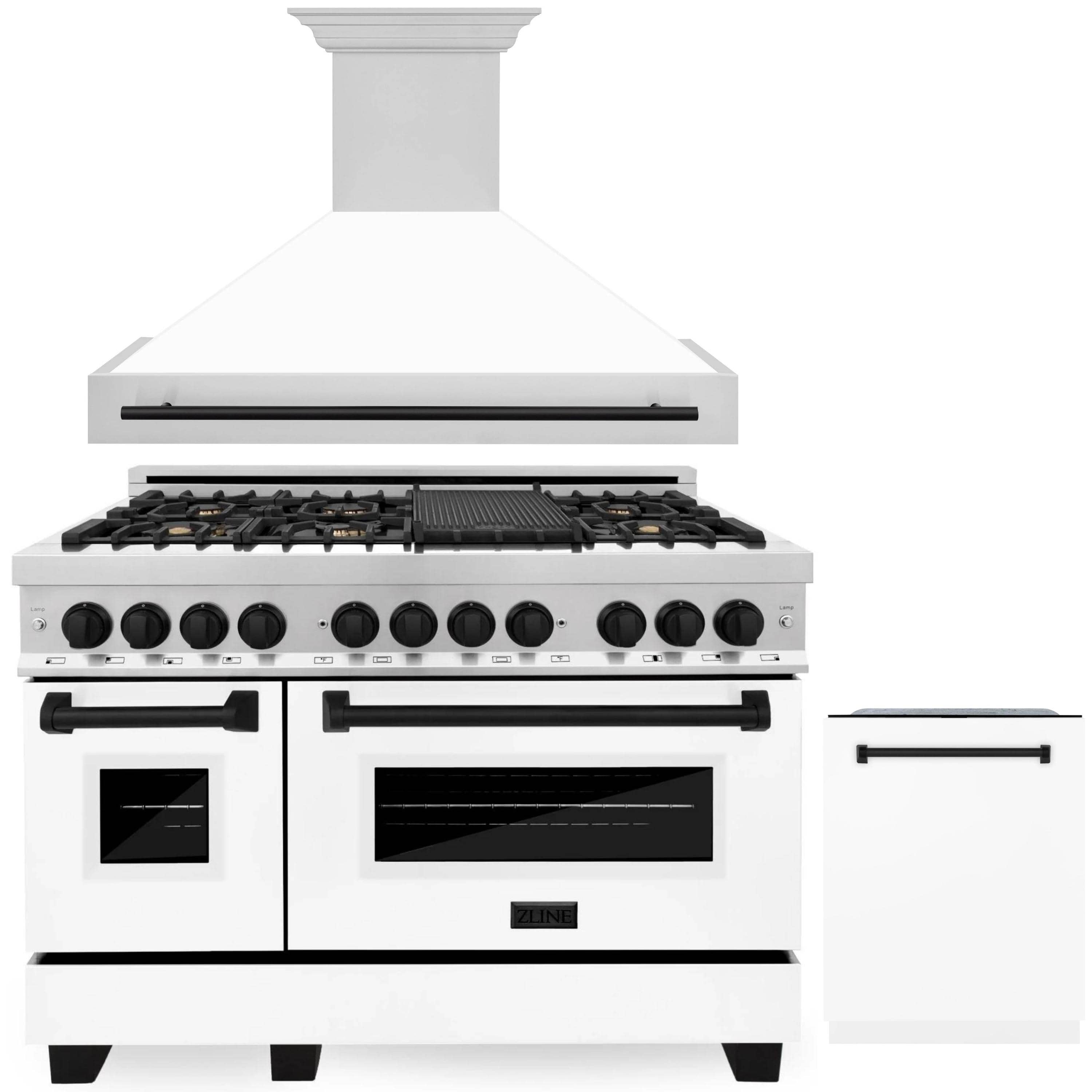 White dual-fuel range with wall hood plus dishwasher door panel
