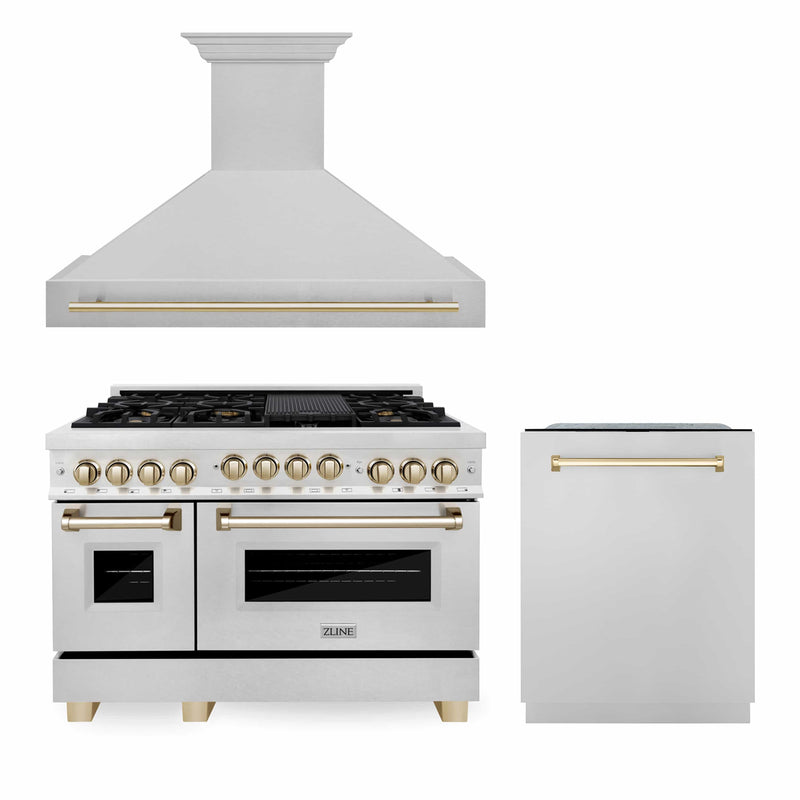 ZLINE 48-Inch Autograph Edition Kitchen Package with DuraSnow Stainless Steel Gas Range, Wall Mount Range Hood and Dishwasher with Gold Accents (3AKPR-RGSRHDWM48-G)