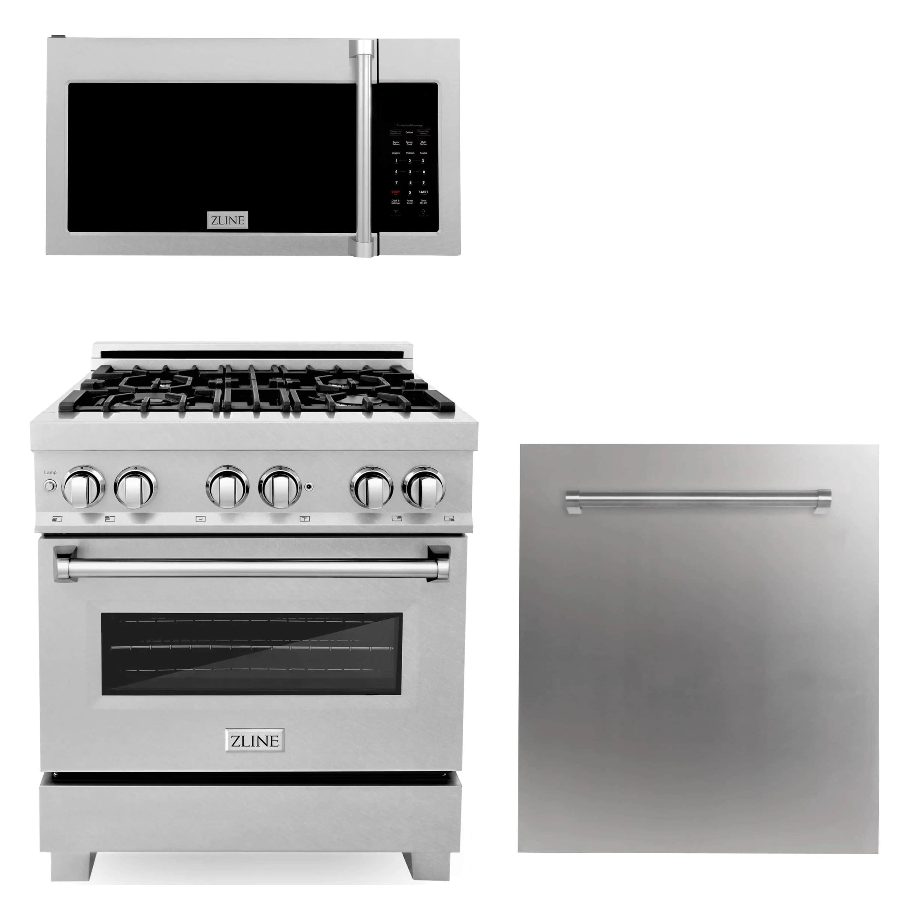 ZLINE stainless steel appliance package: range, microwave, and dishwasher set