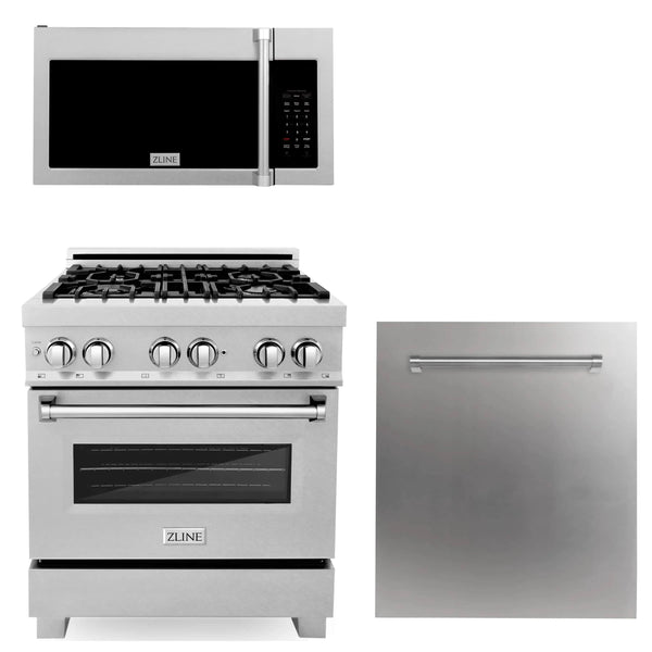 ZLINE 3-Piece Appliance Package - 30-Inch Dual Fuel Range, Microwave Oven and Dishwasher in DuraSnow Stainless Steel (3KP-RASOTRHDW30)
