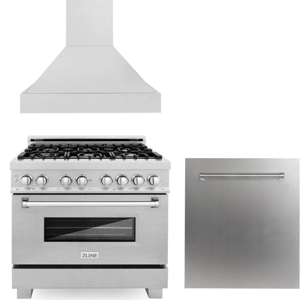 ZLINE 3-Piece Appliance Package - 36-inch Dual Fuel Range, Dishwasher and Premium Wall Mount Hood in DuraSnow Stainless Steel (3KP-RASRH36-DW)