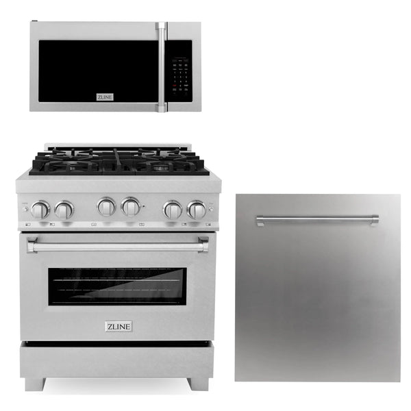 ZLINE 3-Piece Appliance Package - 30-Inch Gas Range, Microwave Oven and Dishwasher in DuraSnow Stainless Steel (3KP-RGSOTRHDW30)