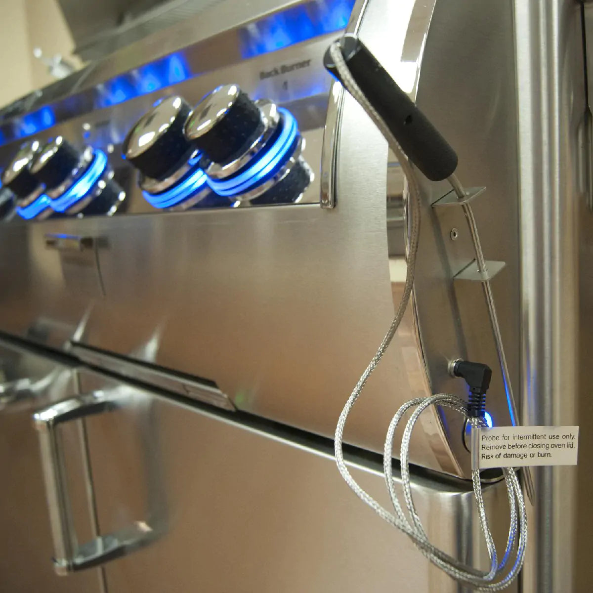 Interior side controls with blue flames and temperature probe lead on grill