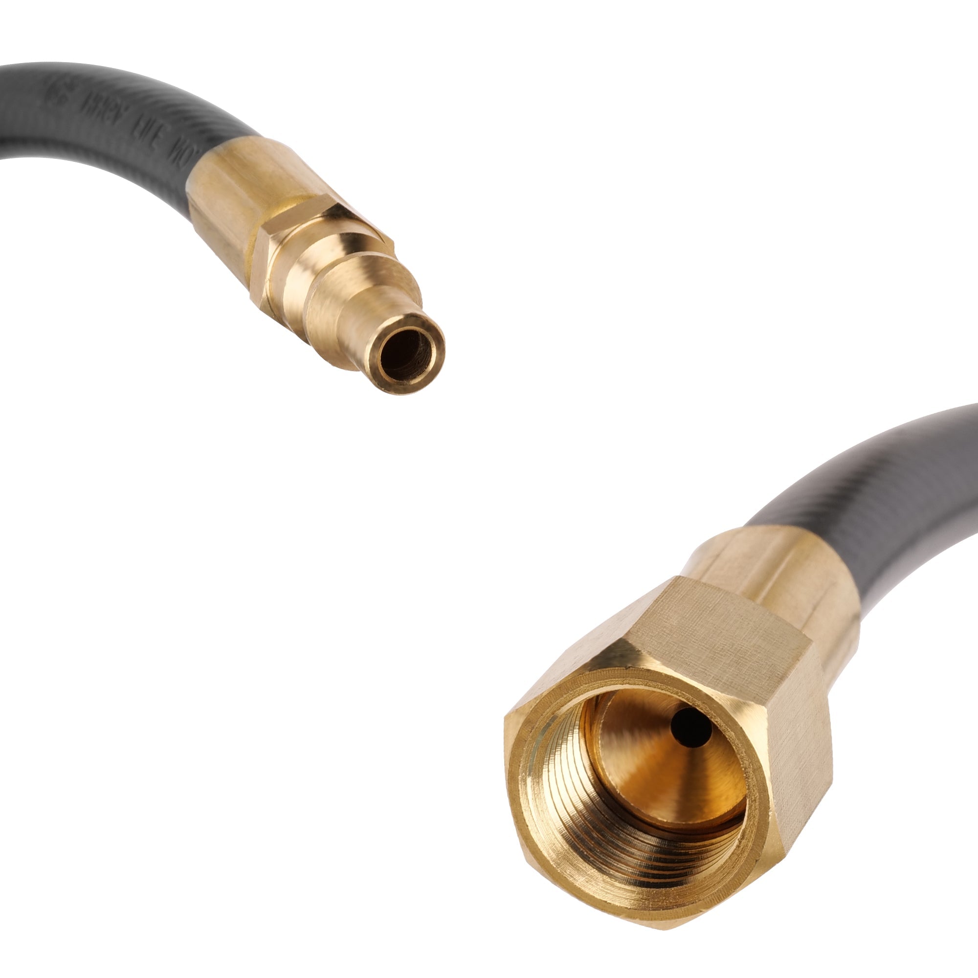 RV propane quick connect hose with brass fittings and black rubber tubing ends