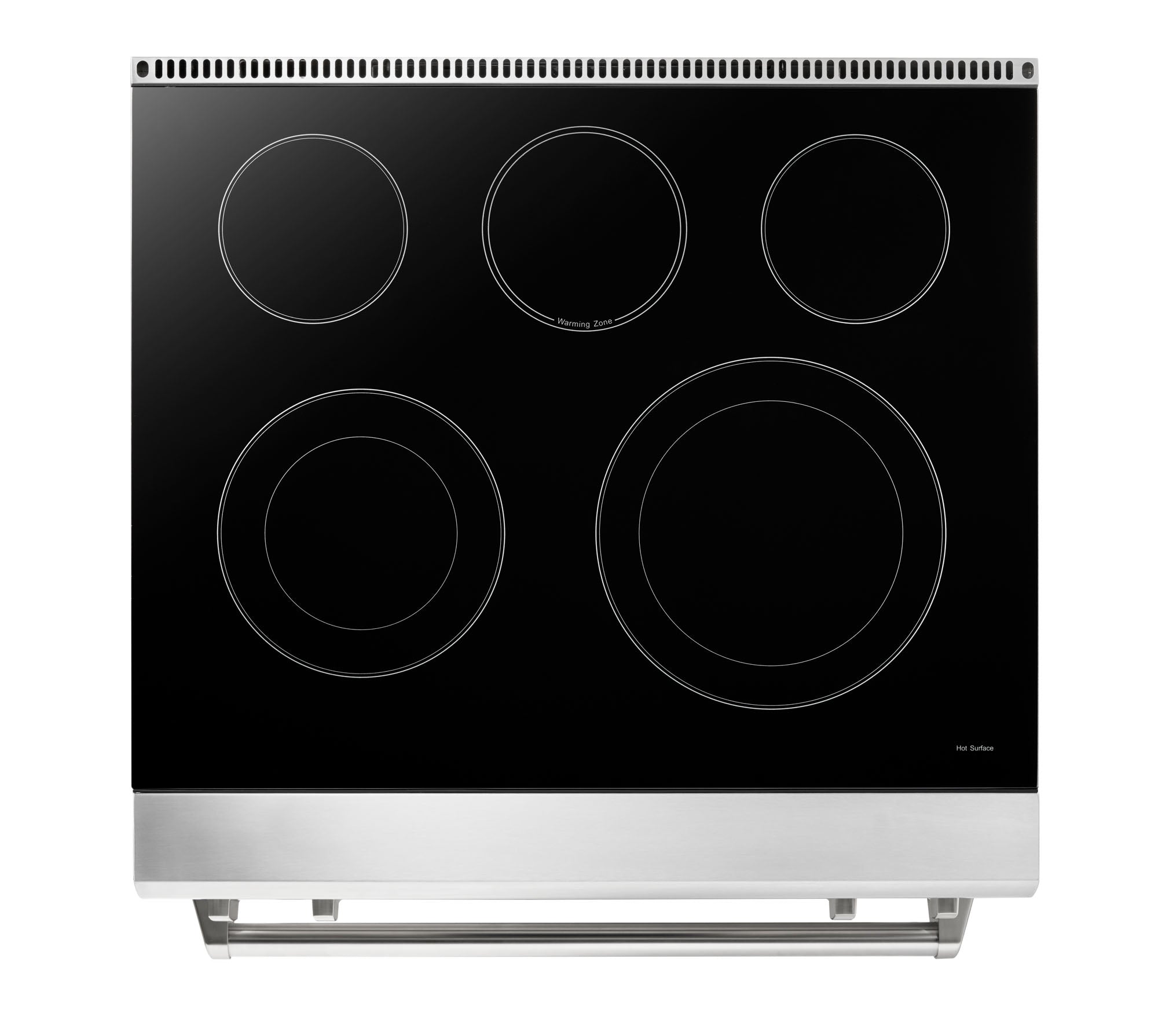 Black glass electric cooktop with five circular burner zones and indicator markings