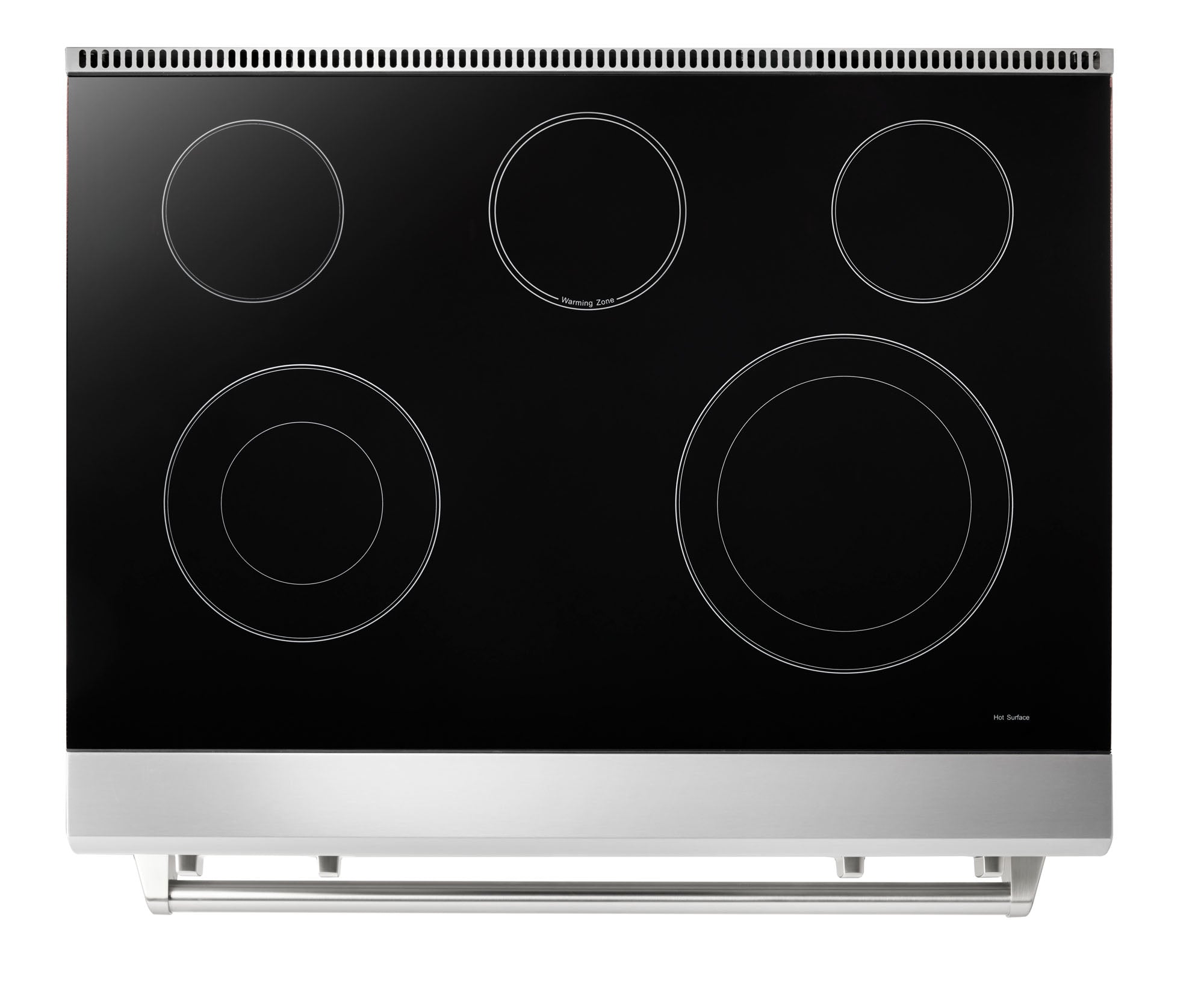 Black electric cooktop with five burner circles and stainless trim