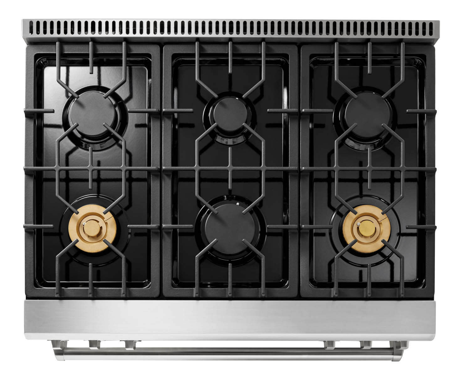 Stainless steel gas range cooktop with six burners and black grates