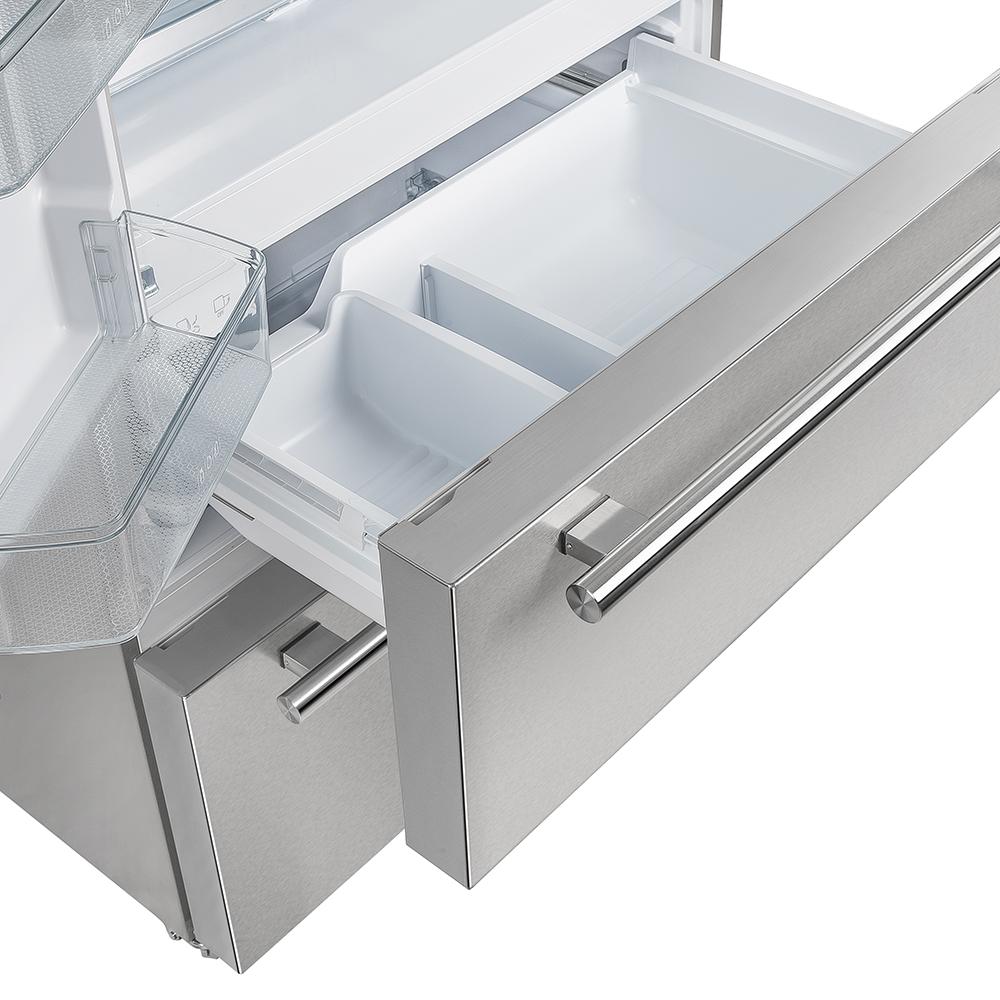 Stainless steel refrigerator freezer drawer with glass-front bin and side rails