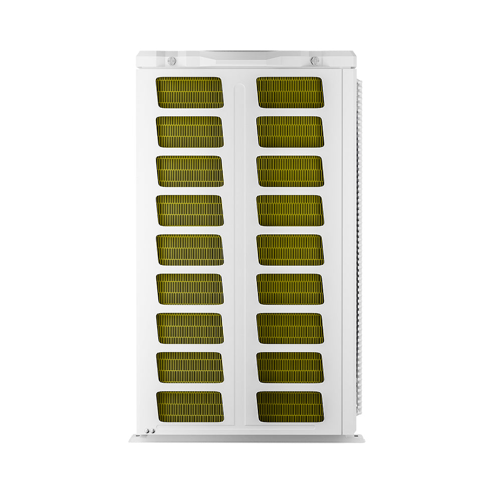 Ductless mini split outdoor unit side view with dual coil fins and vented housing