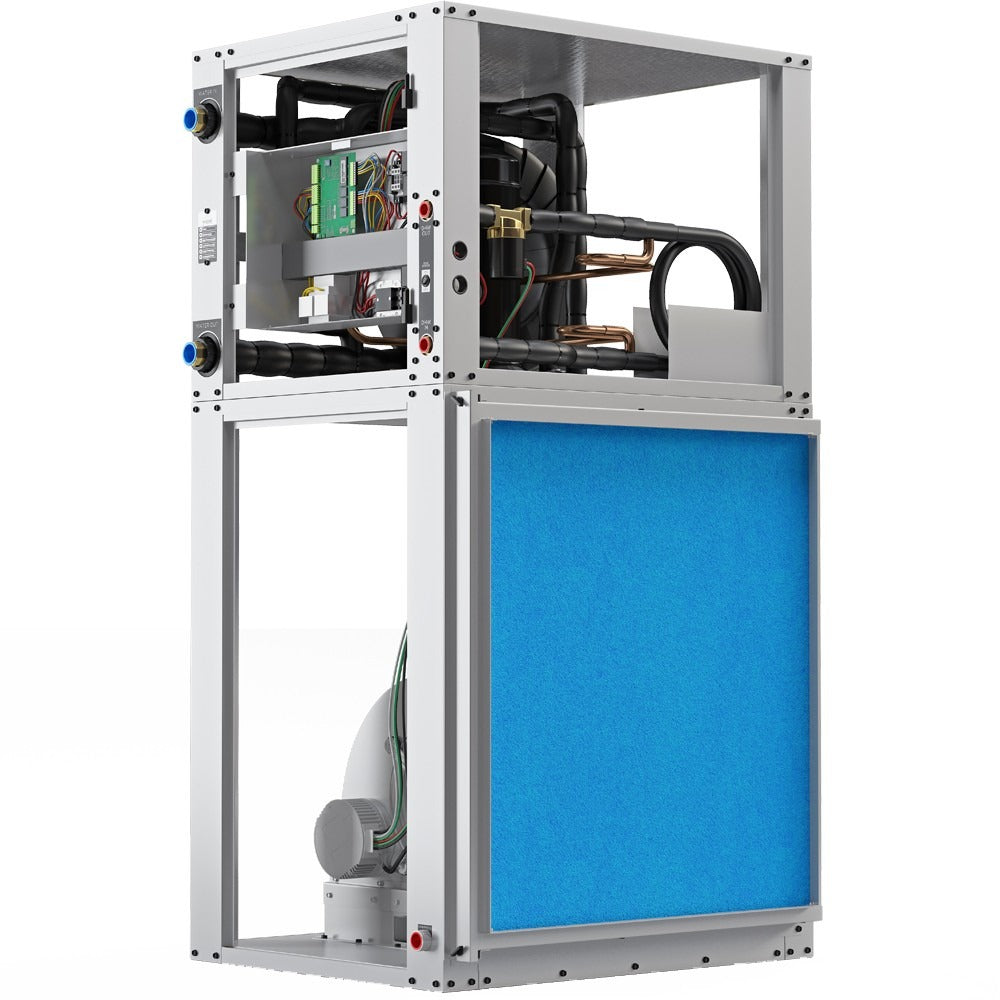MRCOOL GeoCool HVAC unit with open chassis and visible piping and wiring, front