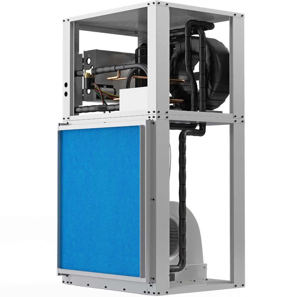 Downflow HVAC unit interior with duct connections, blower components, and blue insulation panel