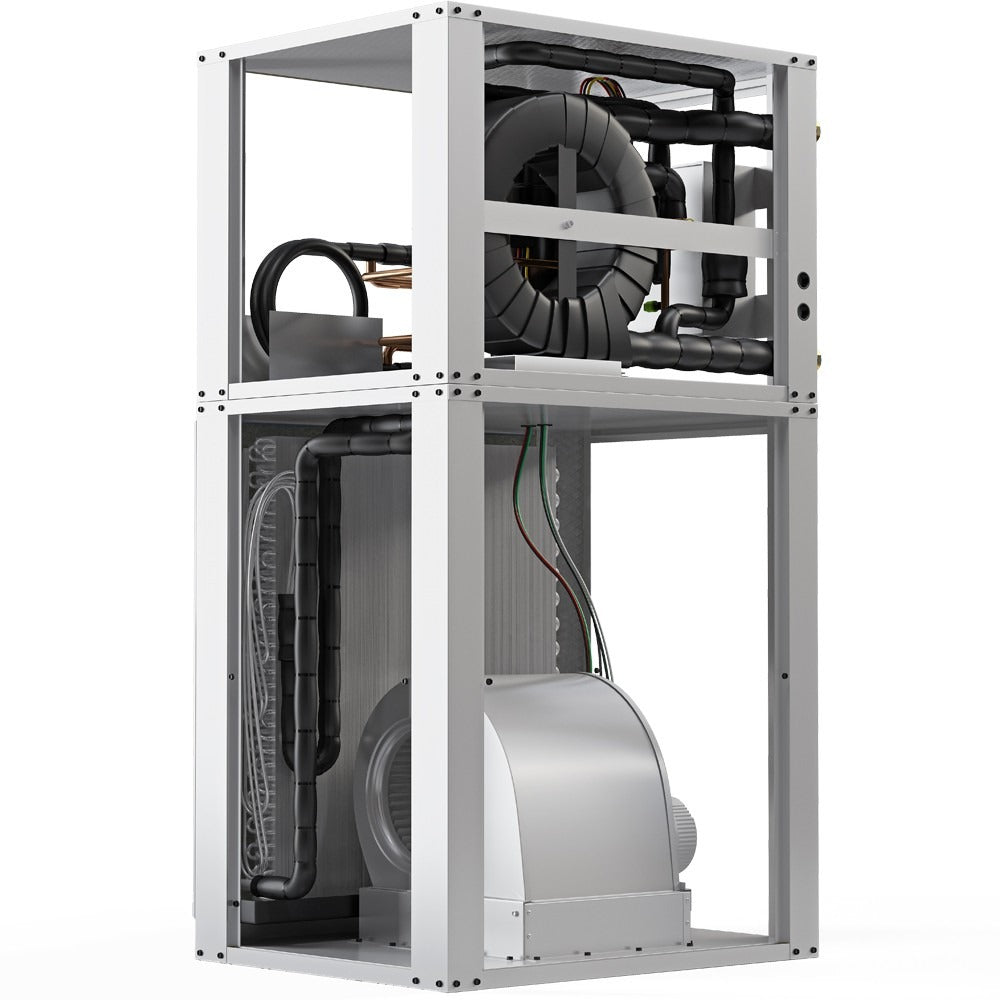 MRCOOL GeoCool HVAC unit interior with black tubing and wiring, angled view