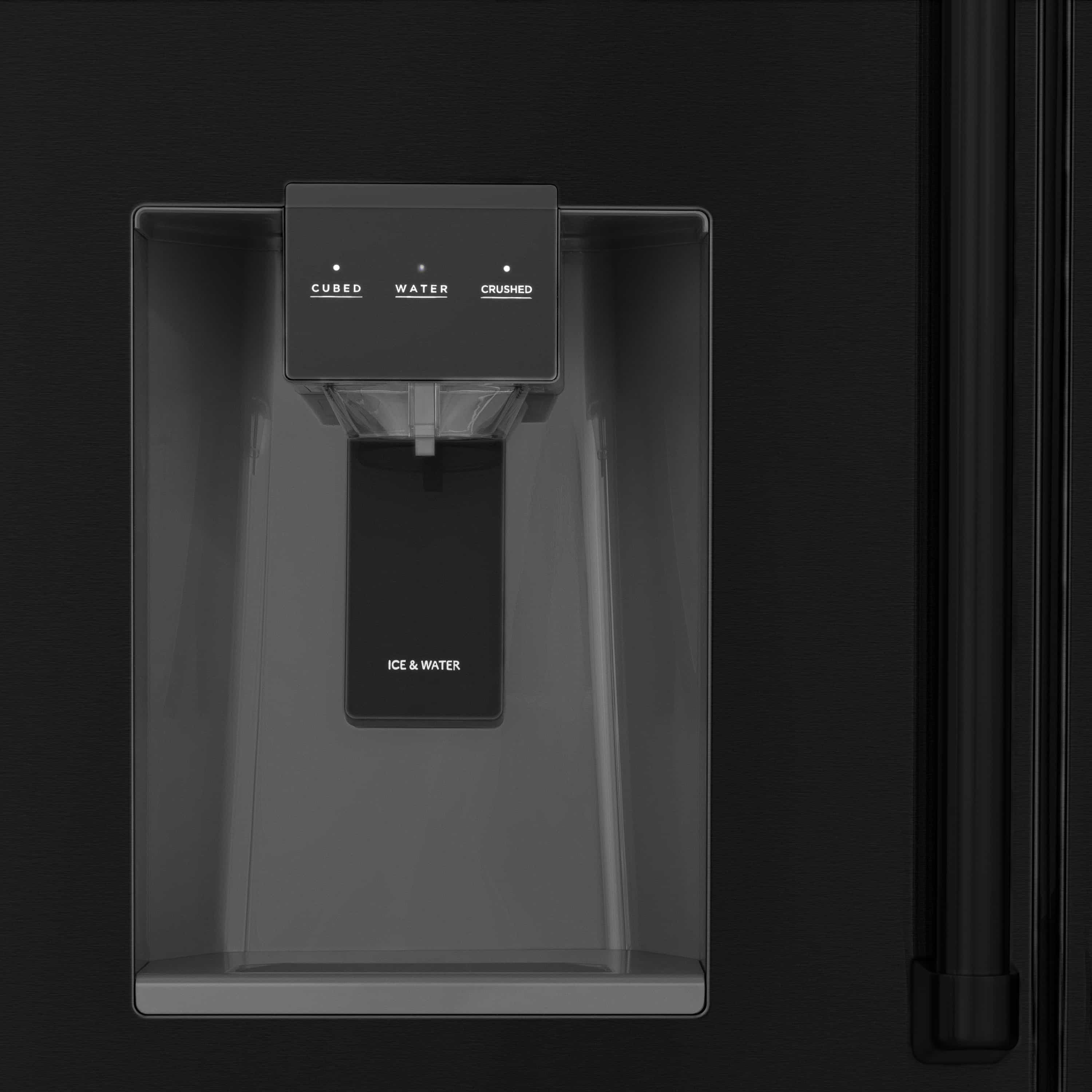 Black refrigerator ice and water dispenser with labeled CUBED, WATER, CRUSHED options