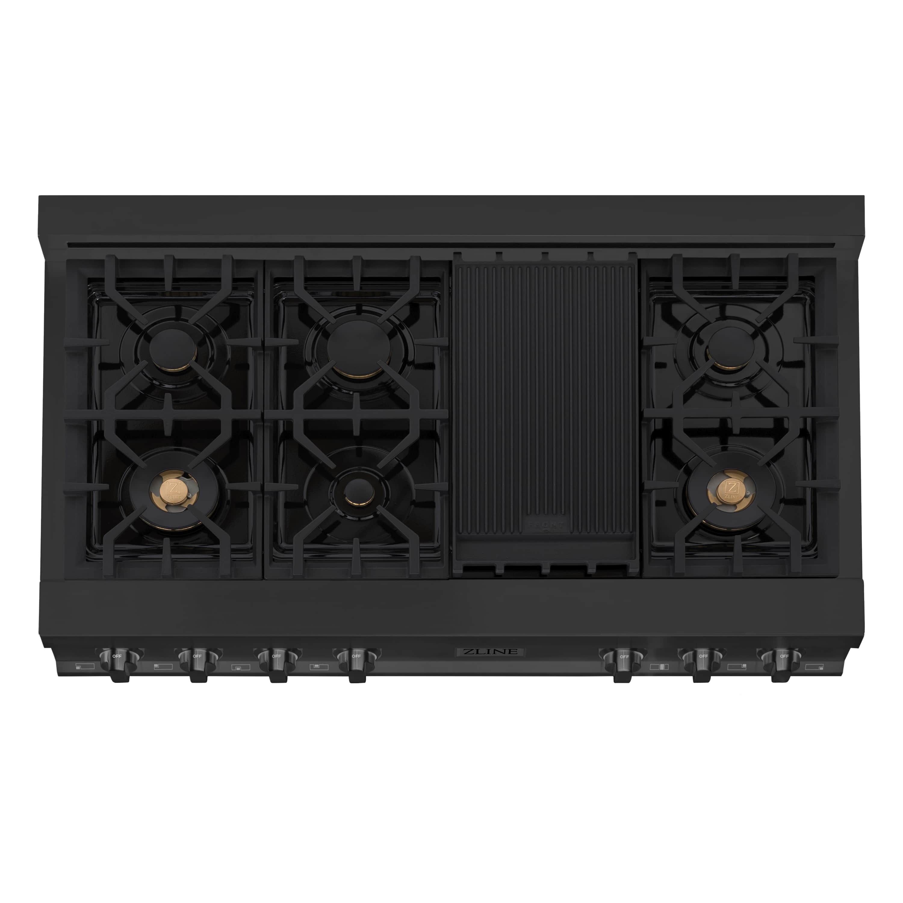 Black gas rangetop top view with grates and ribbed griddle center