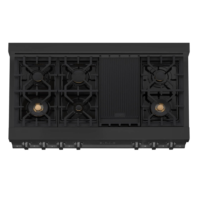 ZLINE 4-Piece Appliance Package - 48-Inch Rangetop with Brass Burners, Refrigerator, 30-Inch Electric Double Wall Oven, and Convertible Wall Mount Hood in Black Stainless Steel (4KPR-RTBRH48-AWD)