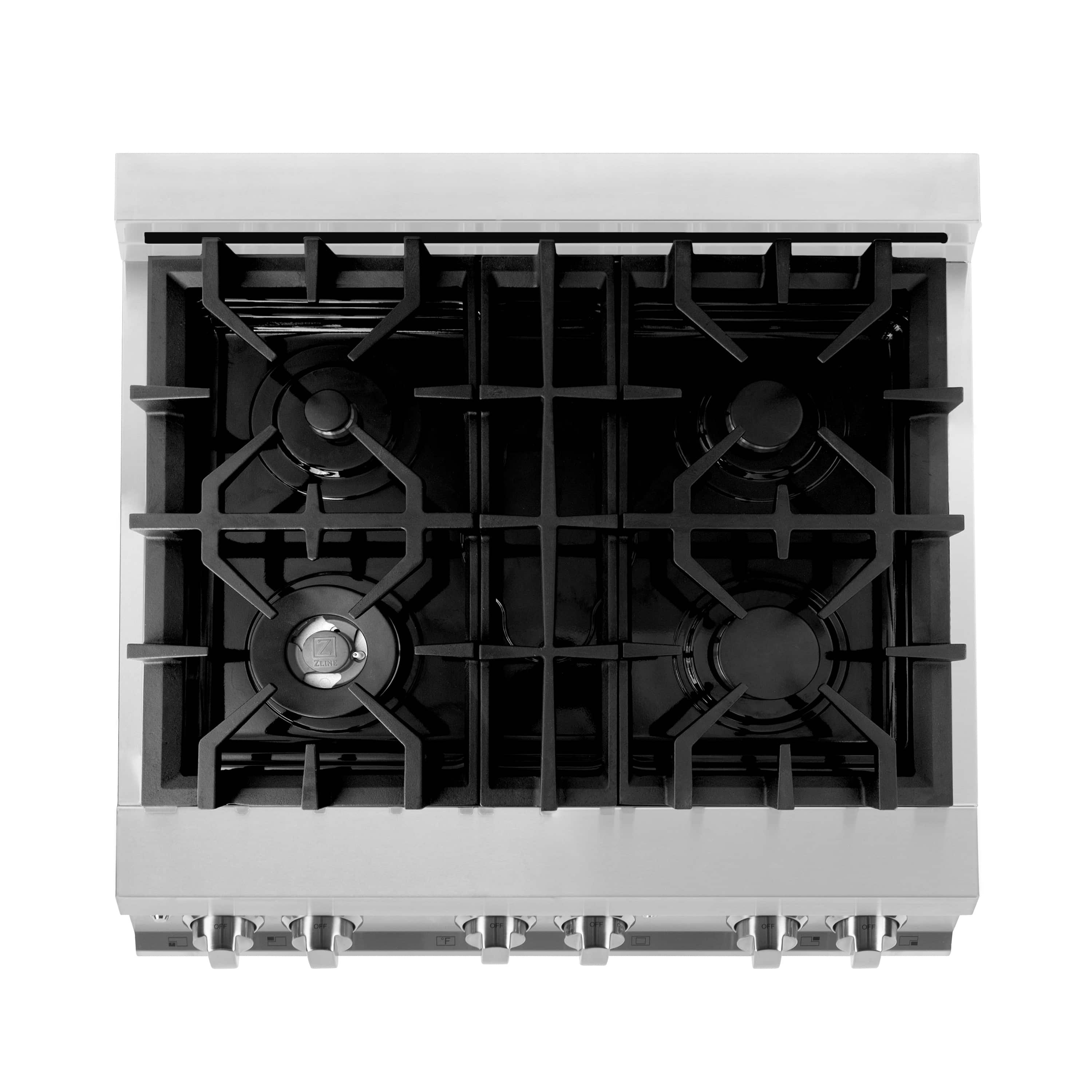 ZLINE dual fuel range gas burner grates on black cooktop surface