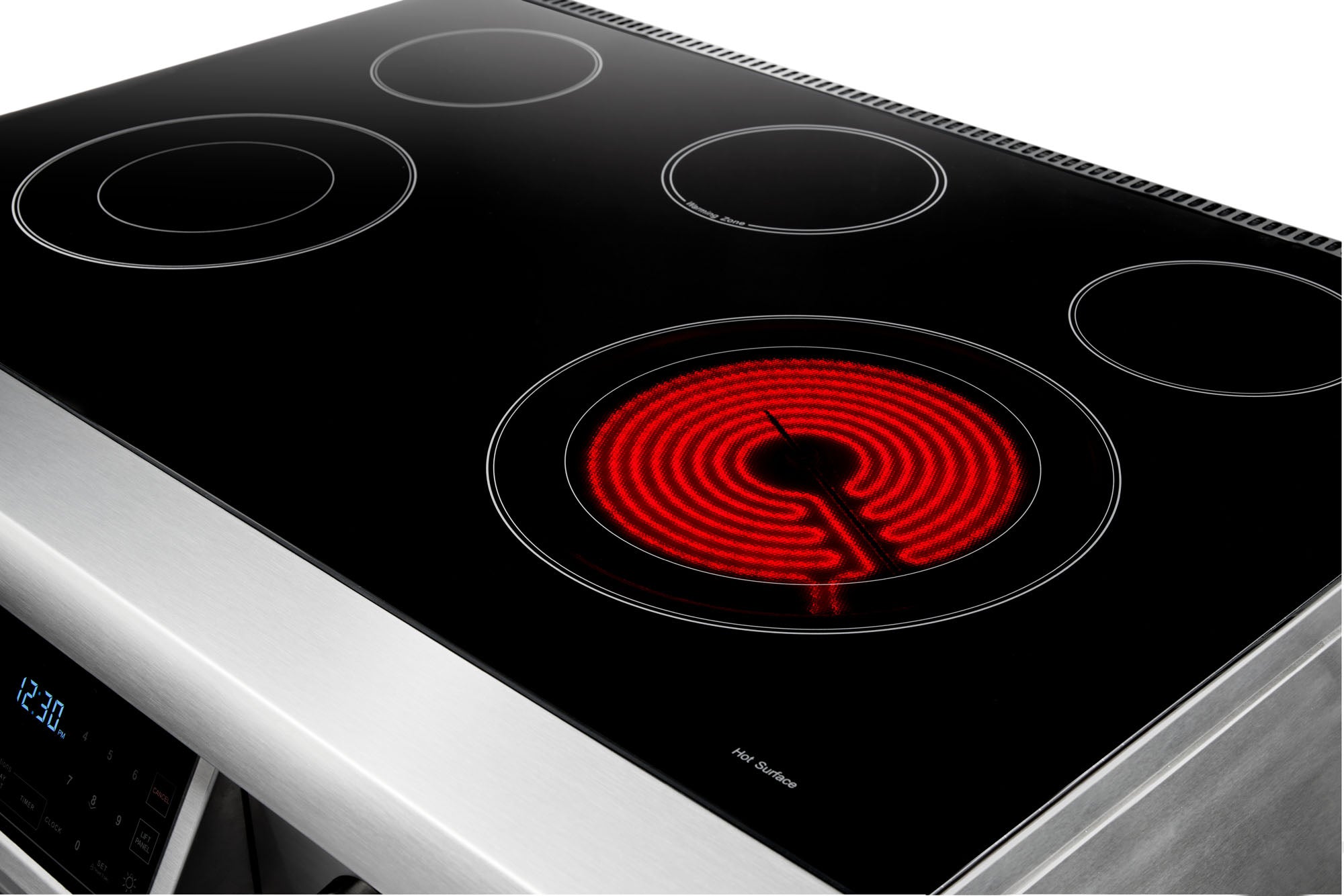 Black glass cooktop with five burner rings, including a red center element