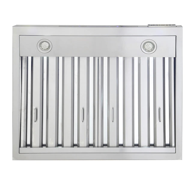 Stainless steel under-cabinet hood with vertical baffle filters and two circular vent covers