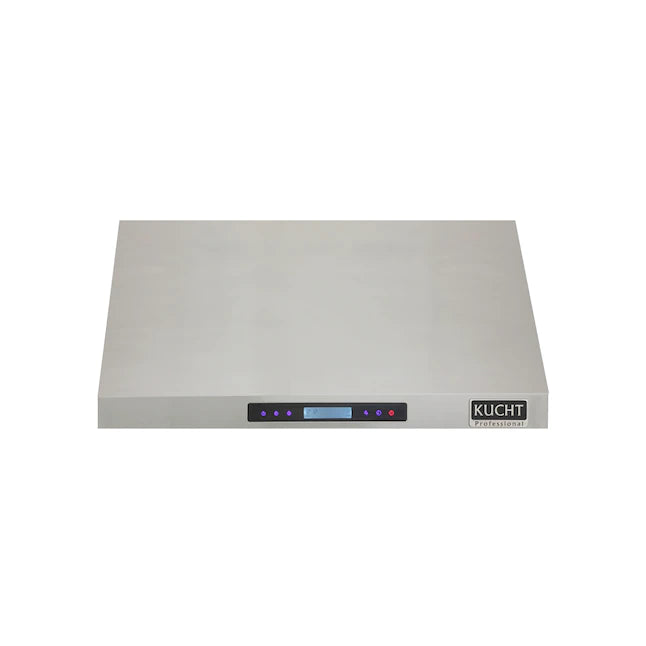 Stainless steel under-cabinet range hood with centered front control panel and indicator lights