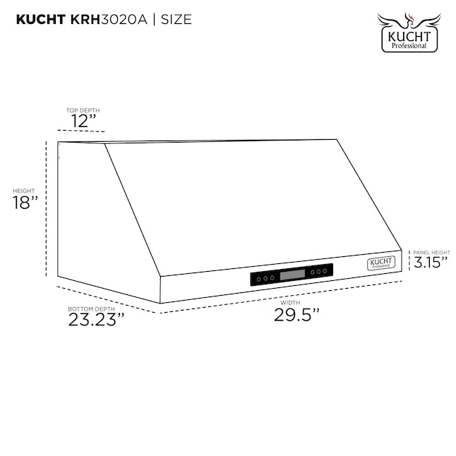 Under-cabinet range hood size diagram with height and depth measurements
