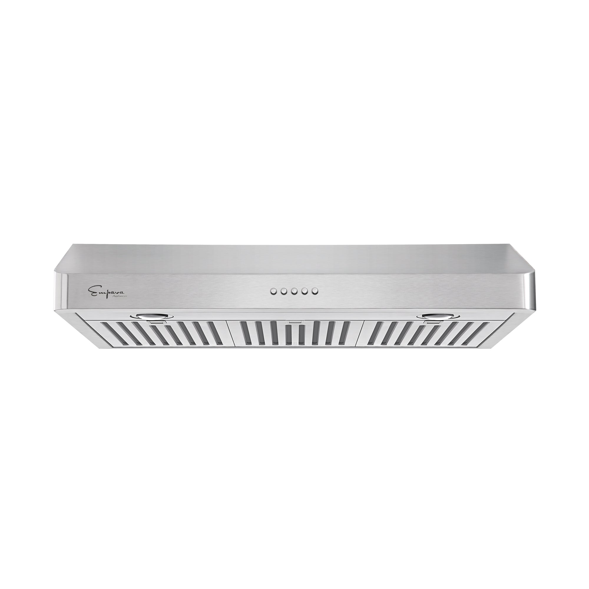 Stainless steel under-cabinet range hood with ducted vent and front filter grille