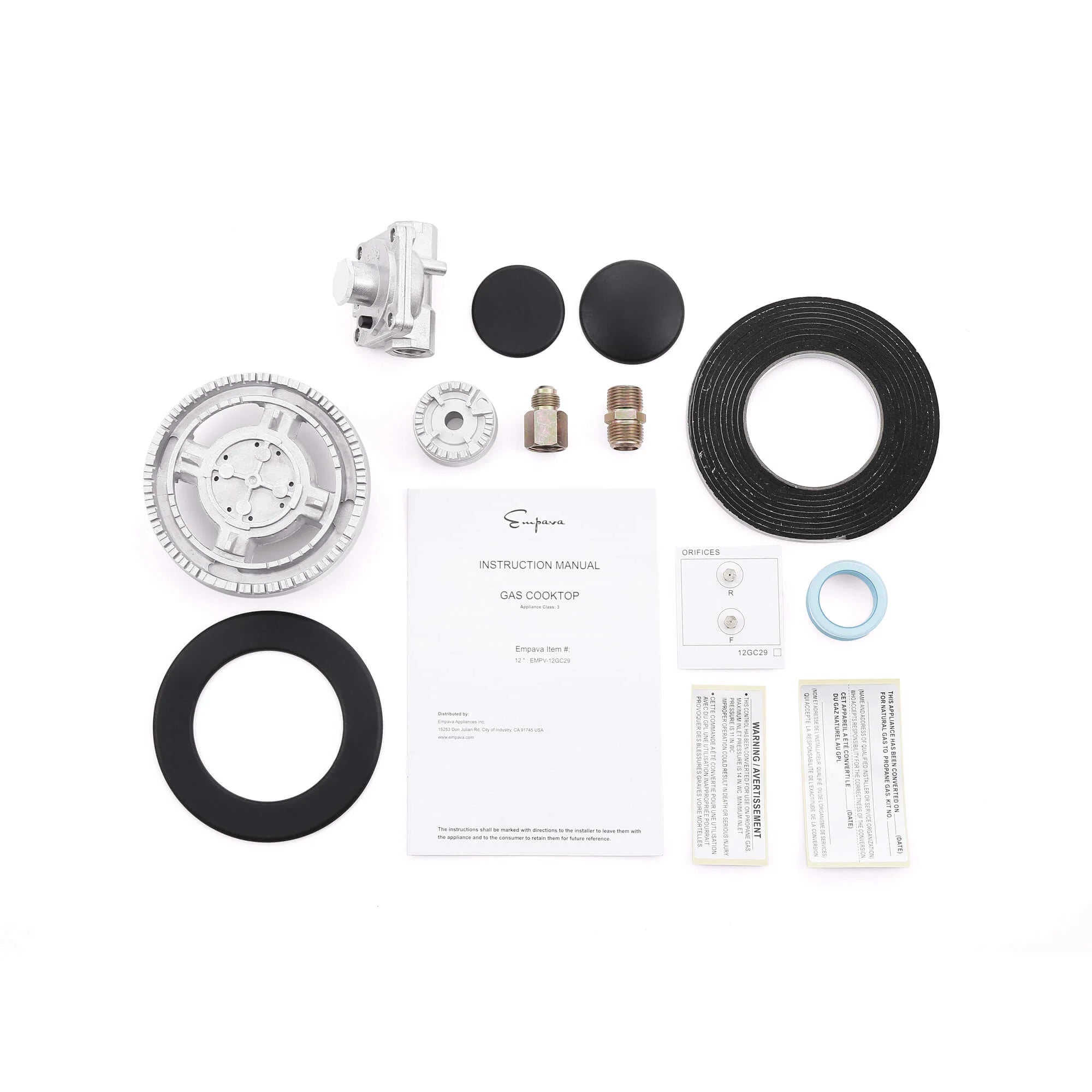 12-inch natural gas cooktop accessory kit with manual, burner rings, nozzles