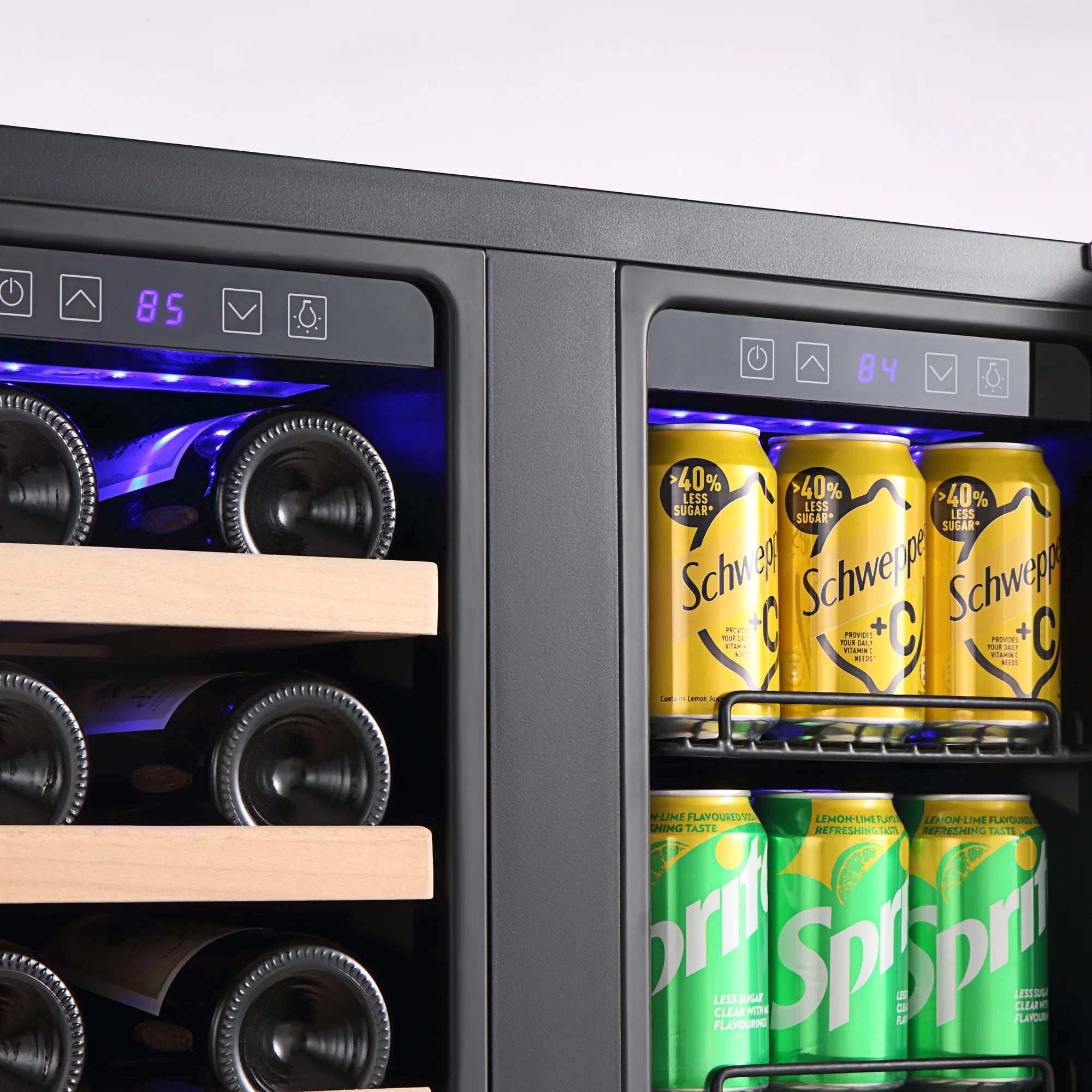 Dual-zone fridge interior with wooden bottle racks and beverage cans behind glass