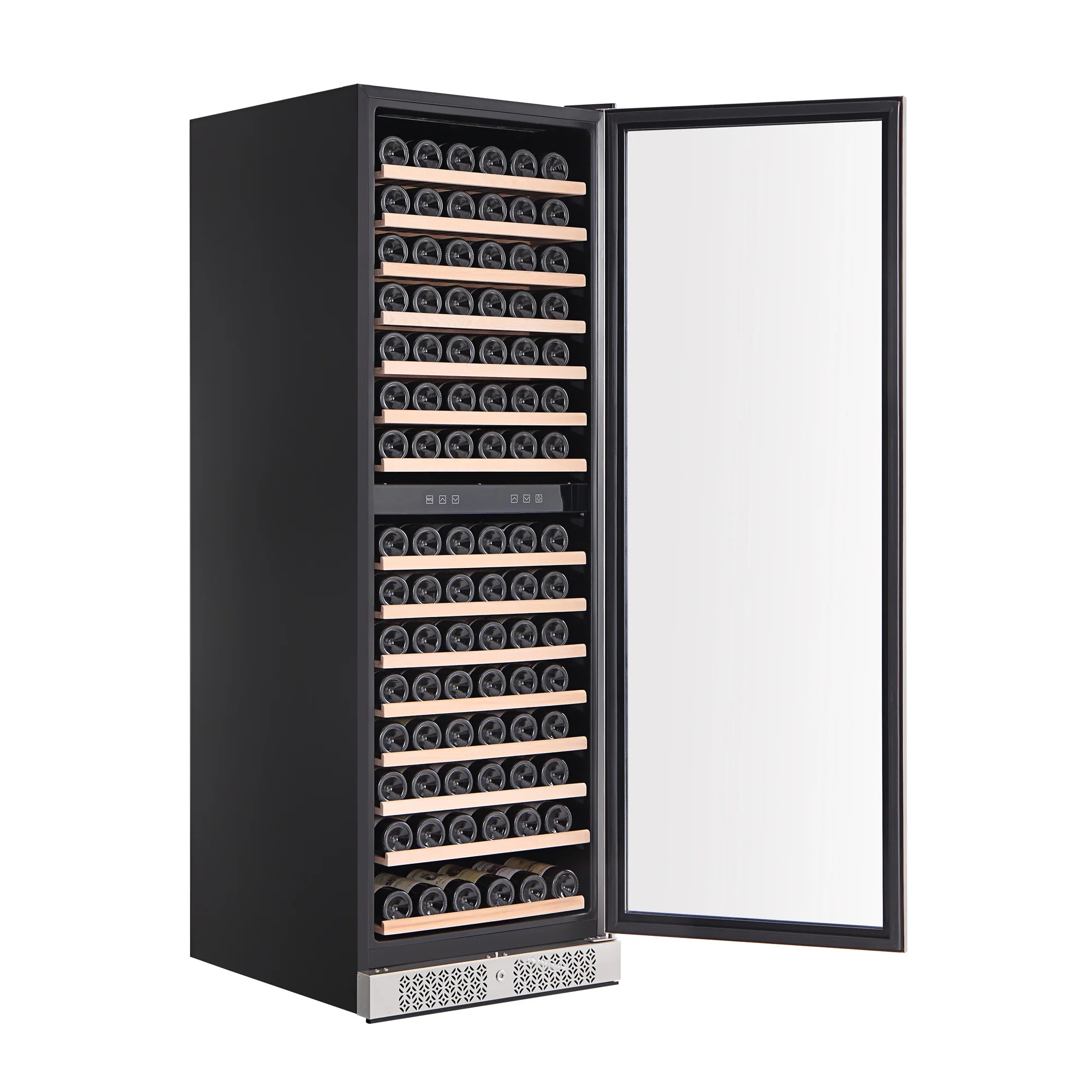 Wine cooler with open door showing bottle-filled shelves and black interior trim