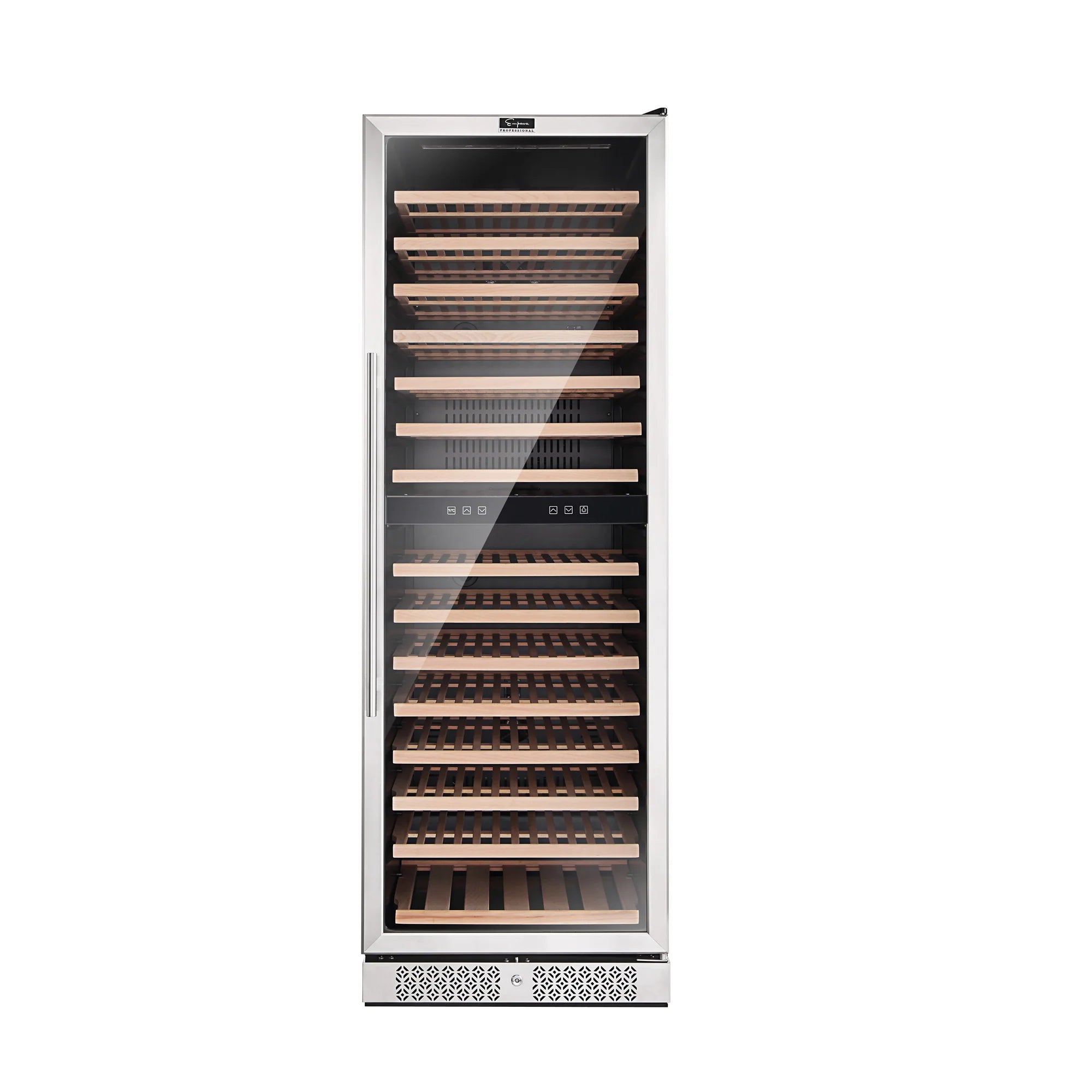 Wine cooler with glass front and horizontal wooden shelves, dual-zone display view