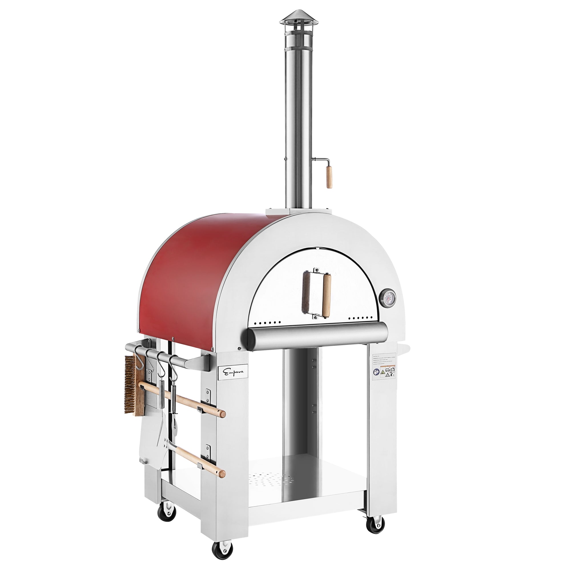 Red and white outdoor wood fired pizza oven with stainless chimney on wheeled cart