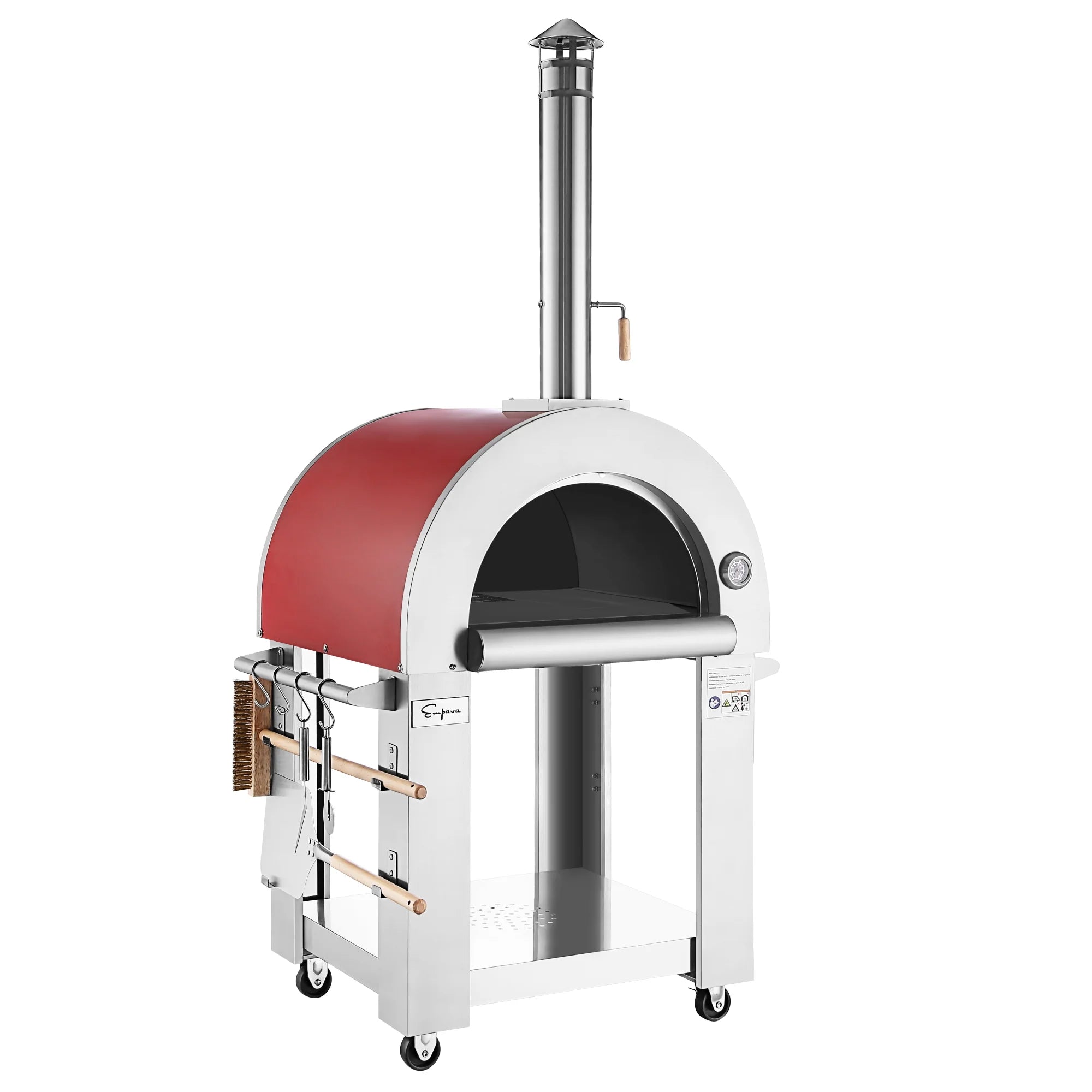 Red and white outdoor wood fired pizza oven with stainless chimney and arched black interior