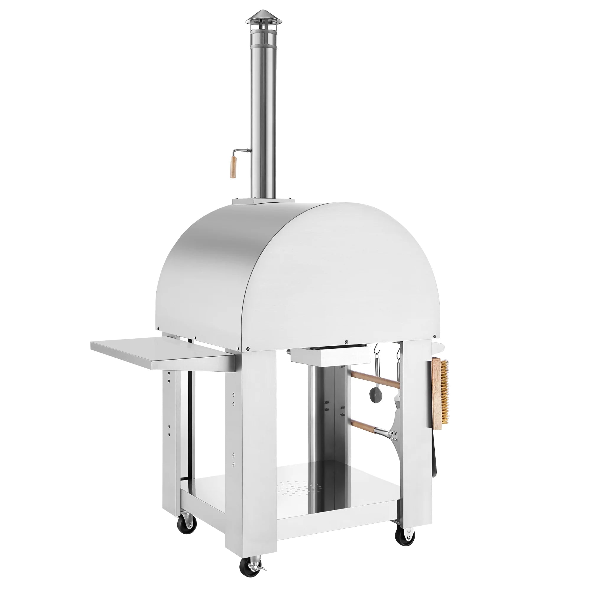 Outdoor wood fired pizza oven with side shelf and brush mechanism on wheeled stand