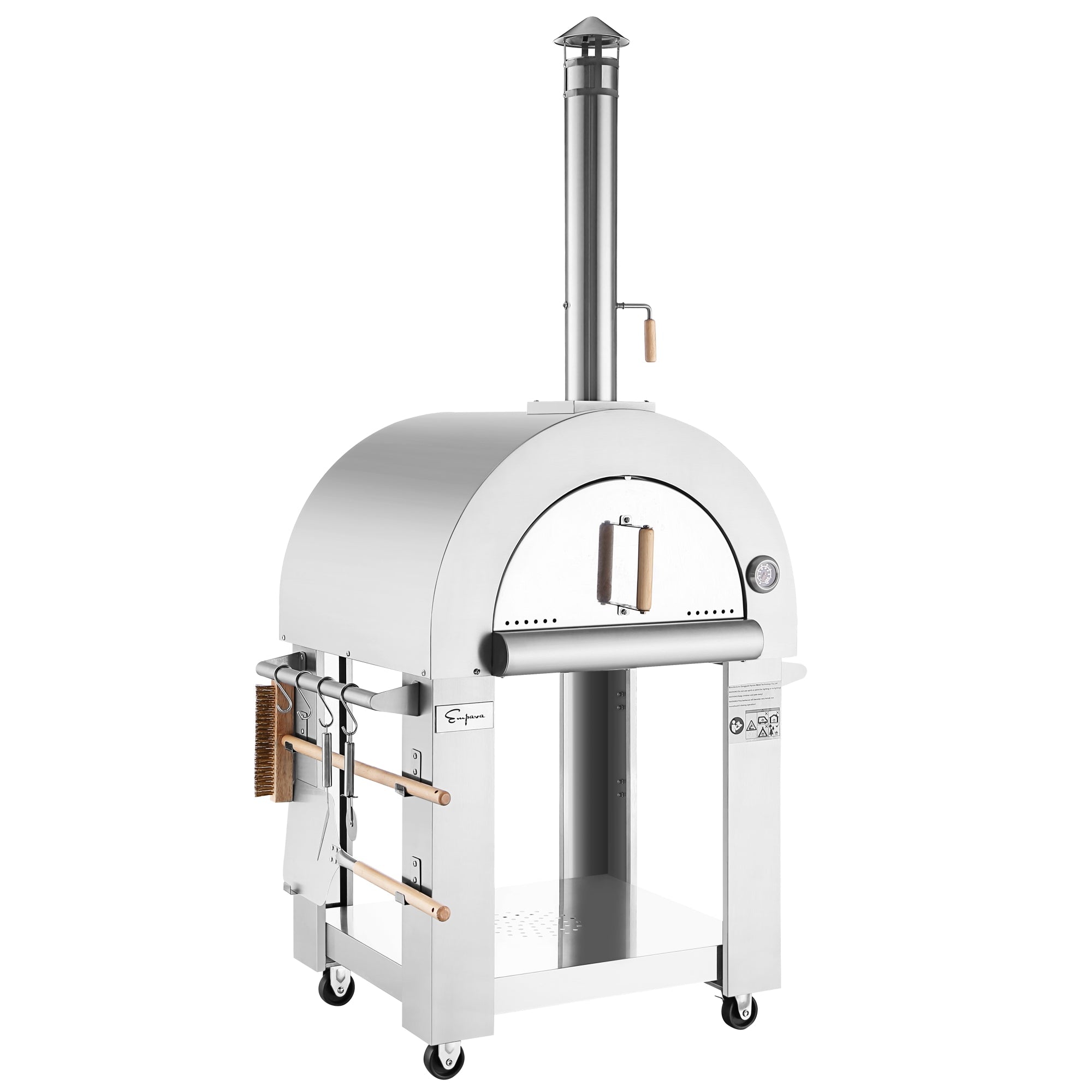 Outdoor wood-fired pizza oven with stainless steel body and arched dome door