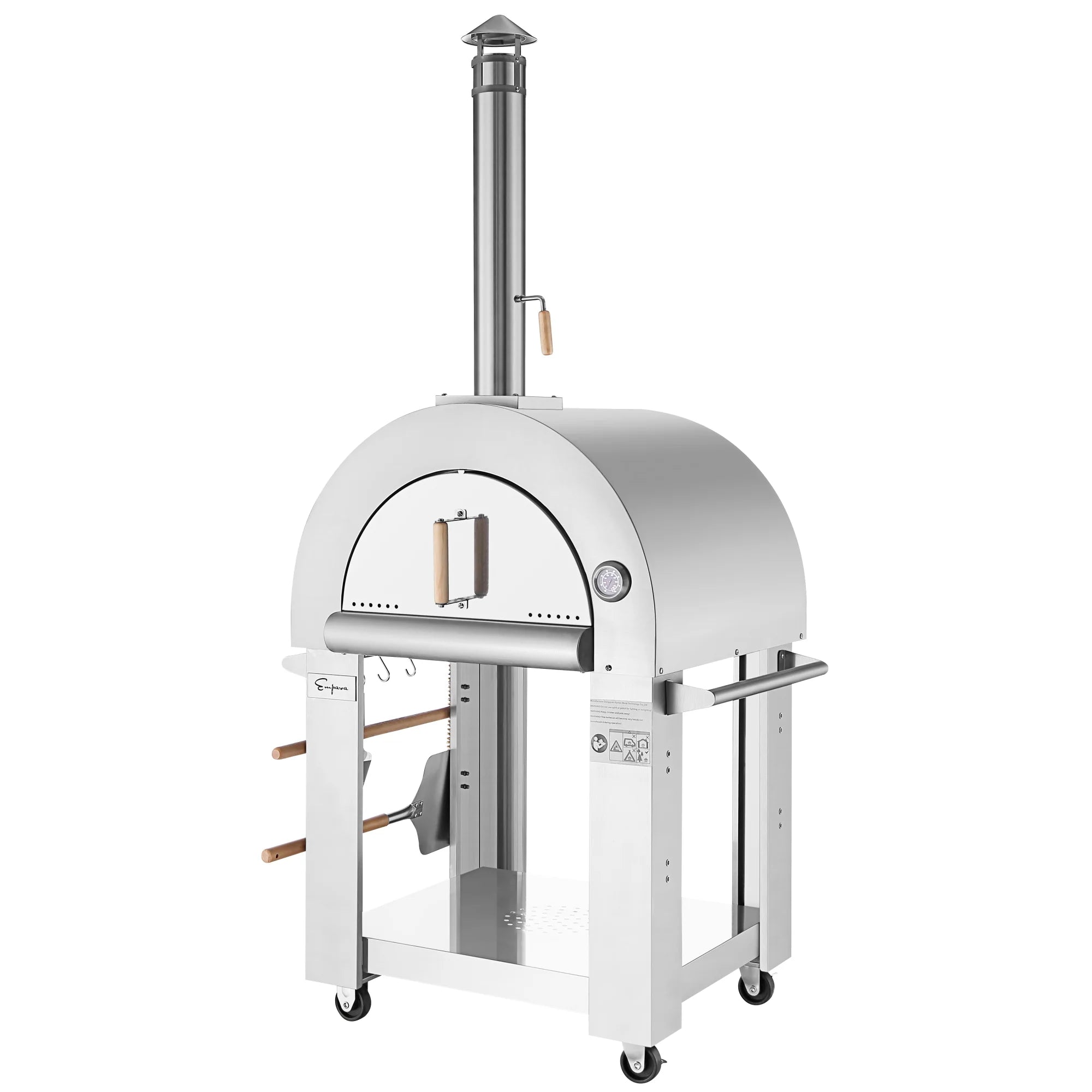 Outdoor wood-fired pizza oven with chimney stack, side rack, and stainless steel cabinet
