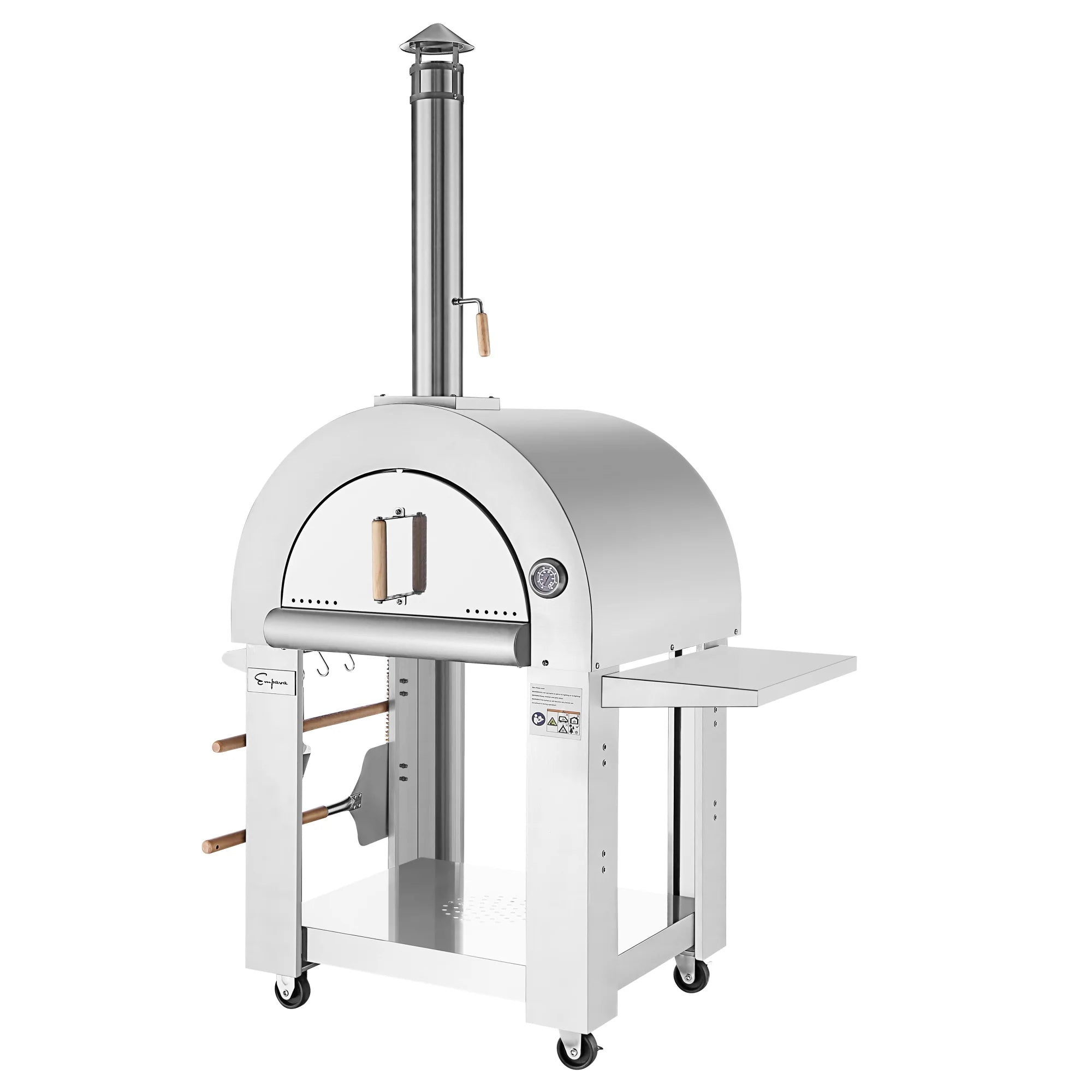 Outdoor wood fired pizza oven with chimney stack, side shelf and cart base