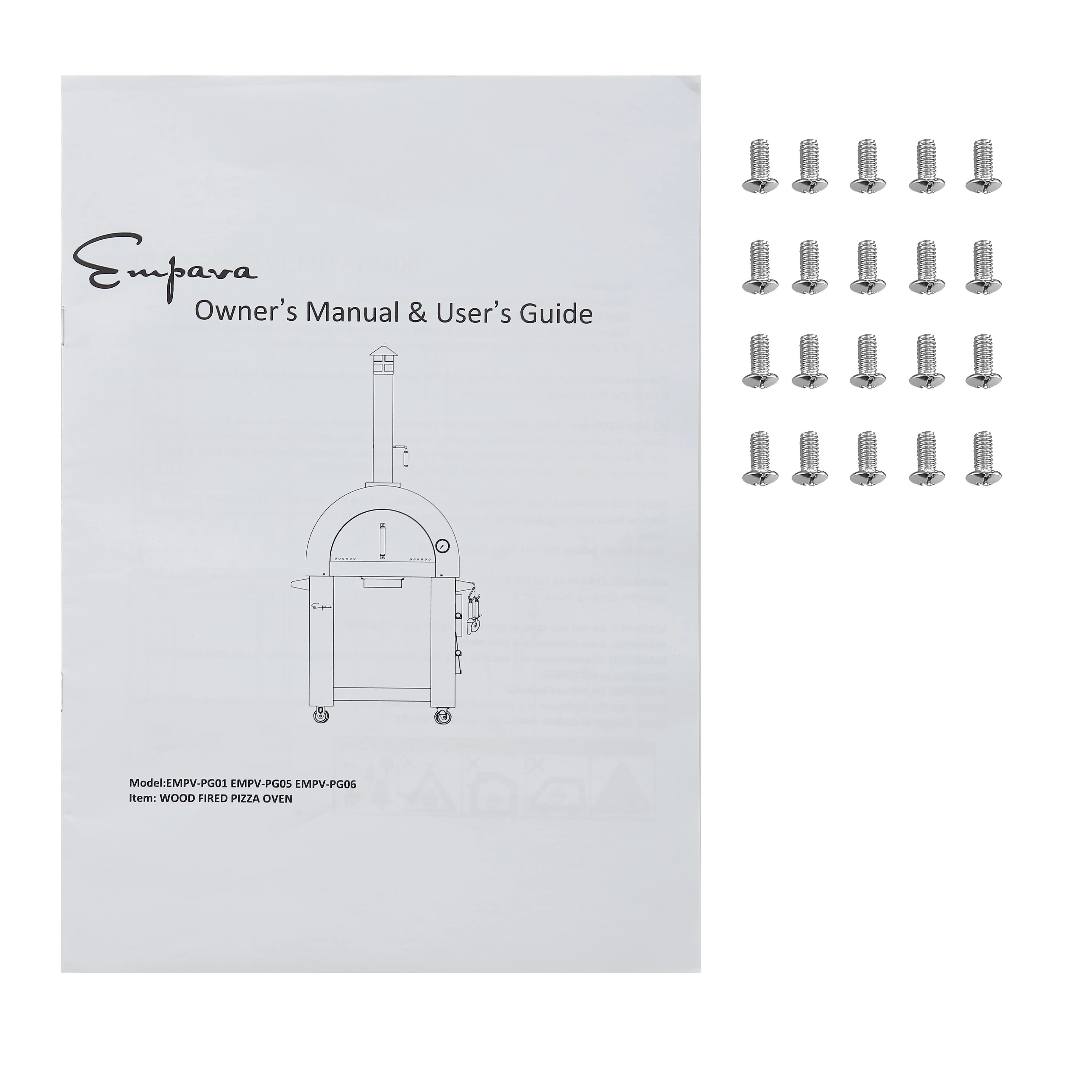 Owner's manual and hardware screws for outdoor wood fired pizza oven