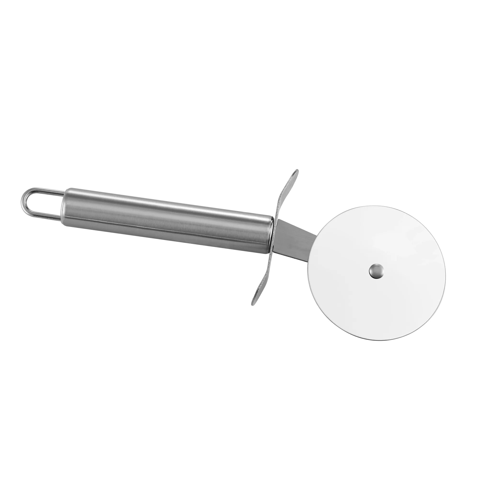 Rotating pizza cutter wheel with stainless steel handle and safety guard