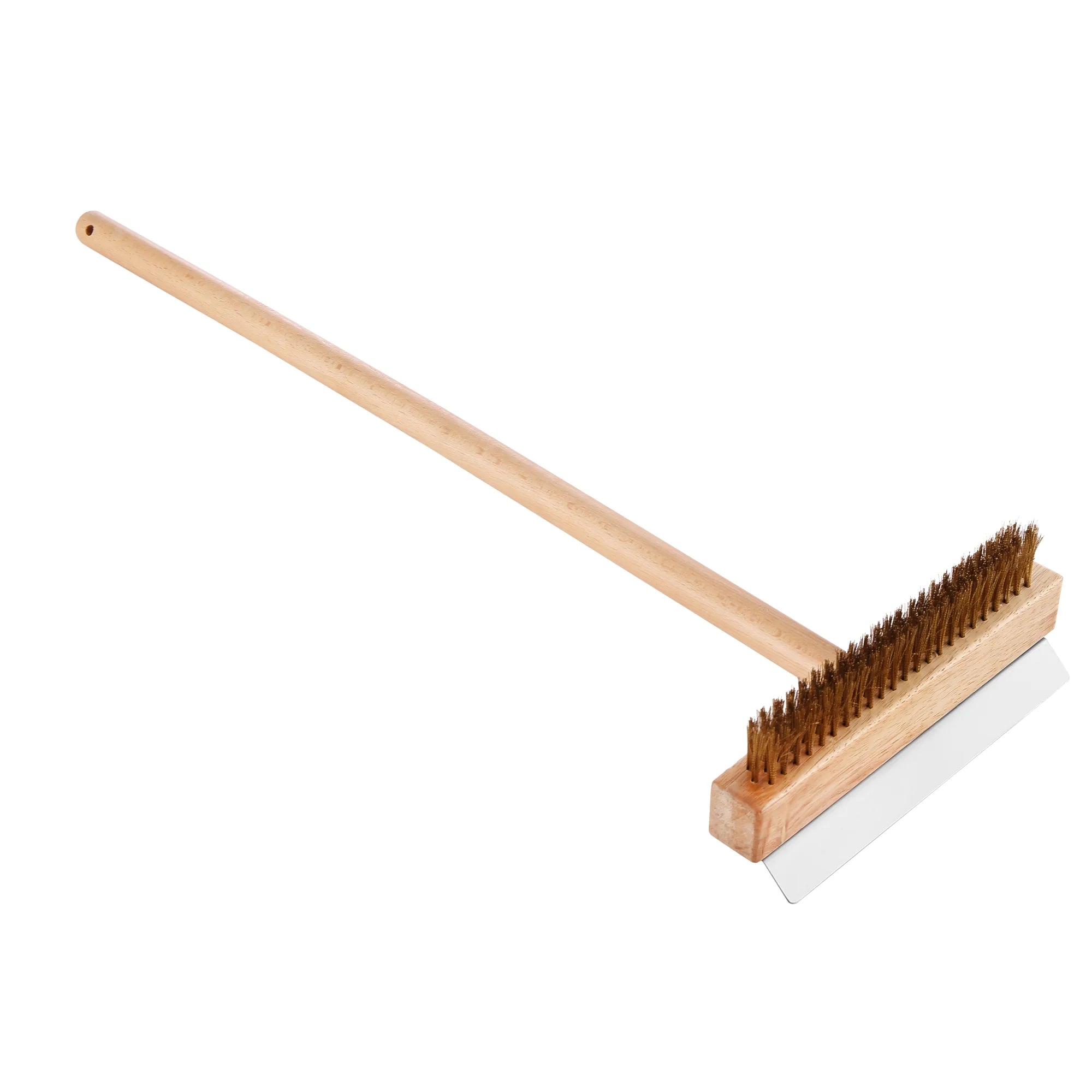 Wood-handled pizza oven cleaning brush with bristle head and rectangular base