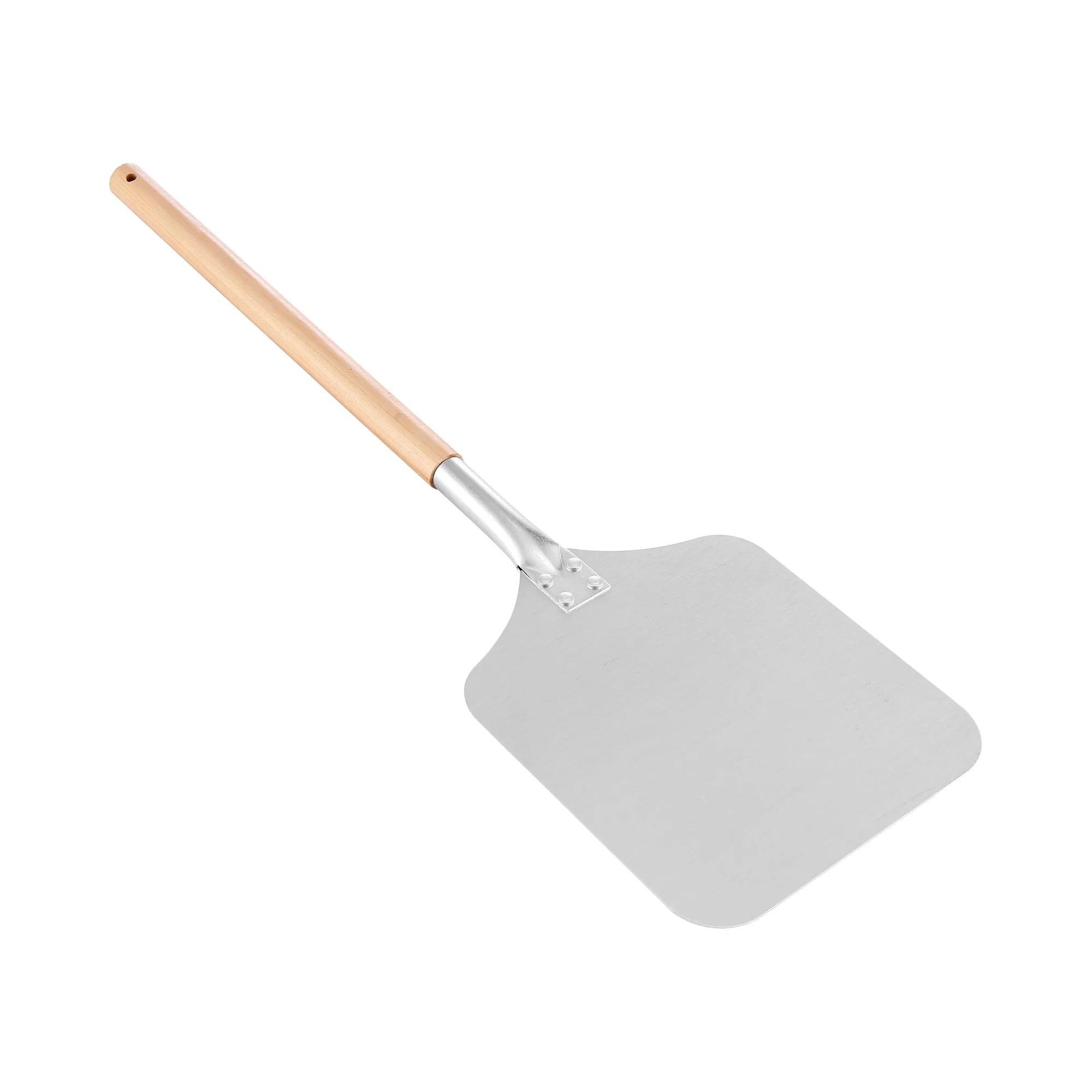 Wood-handled pizza oven peel with stainless square shovel