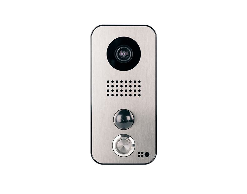 Stainless steel DoorBird front panel with camera lens, speaker grille, and call button