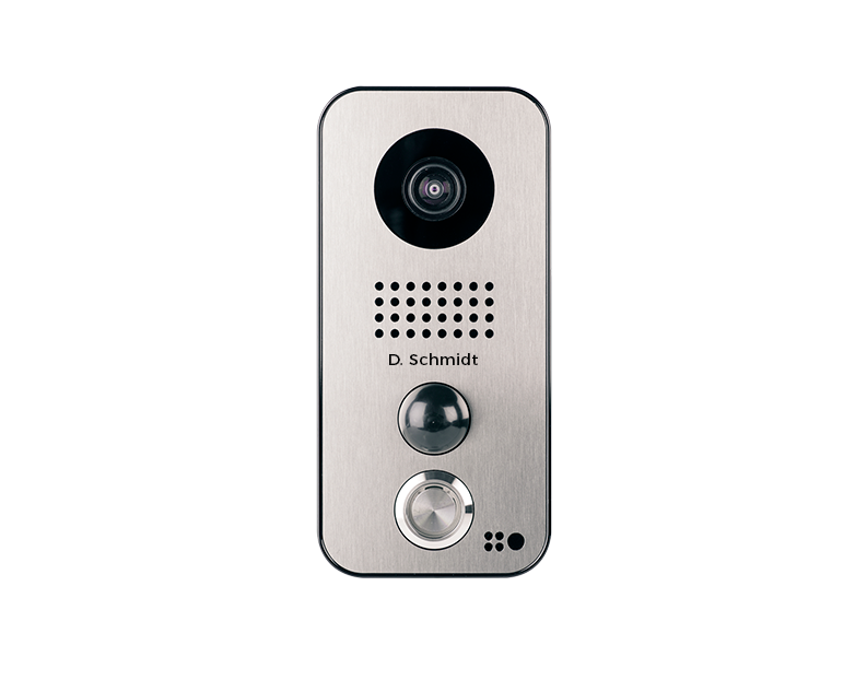 DoorBird F103 brushed metal front panel with camera lens, speaker grille, and call button