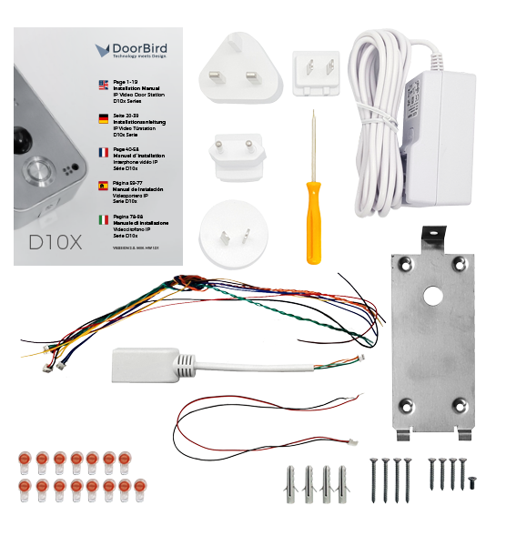 DoorBird D10X replacement mounting kit with metal bracket, wiring harness, and screws