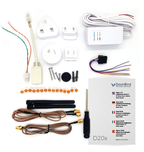 DoorBird D20X replacement mounting kit with screws, cable leads, antennas, and connectors