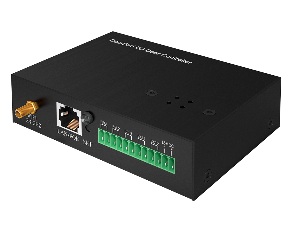 DoorBird IP I/O door controller with green terminal block and LAN/Poe ports