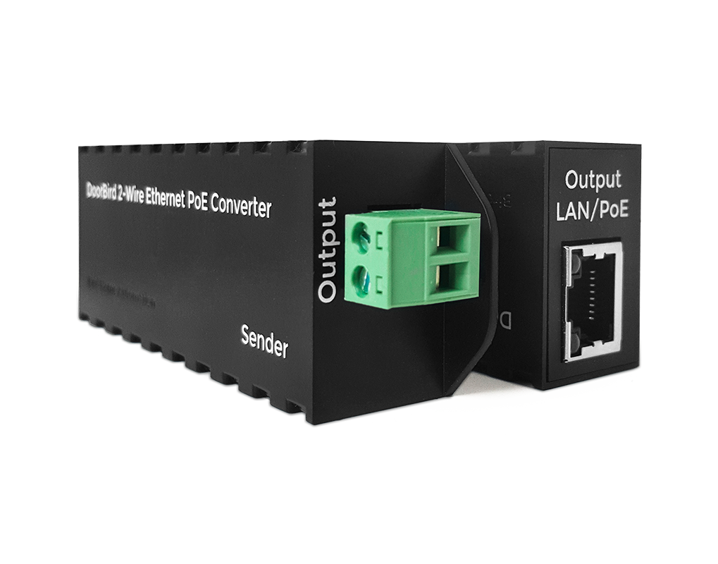 DoorBird 2-Wire Ethernet PoE converter with green terminal block and RJ45 output